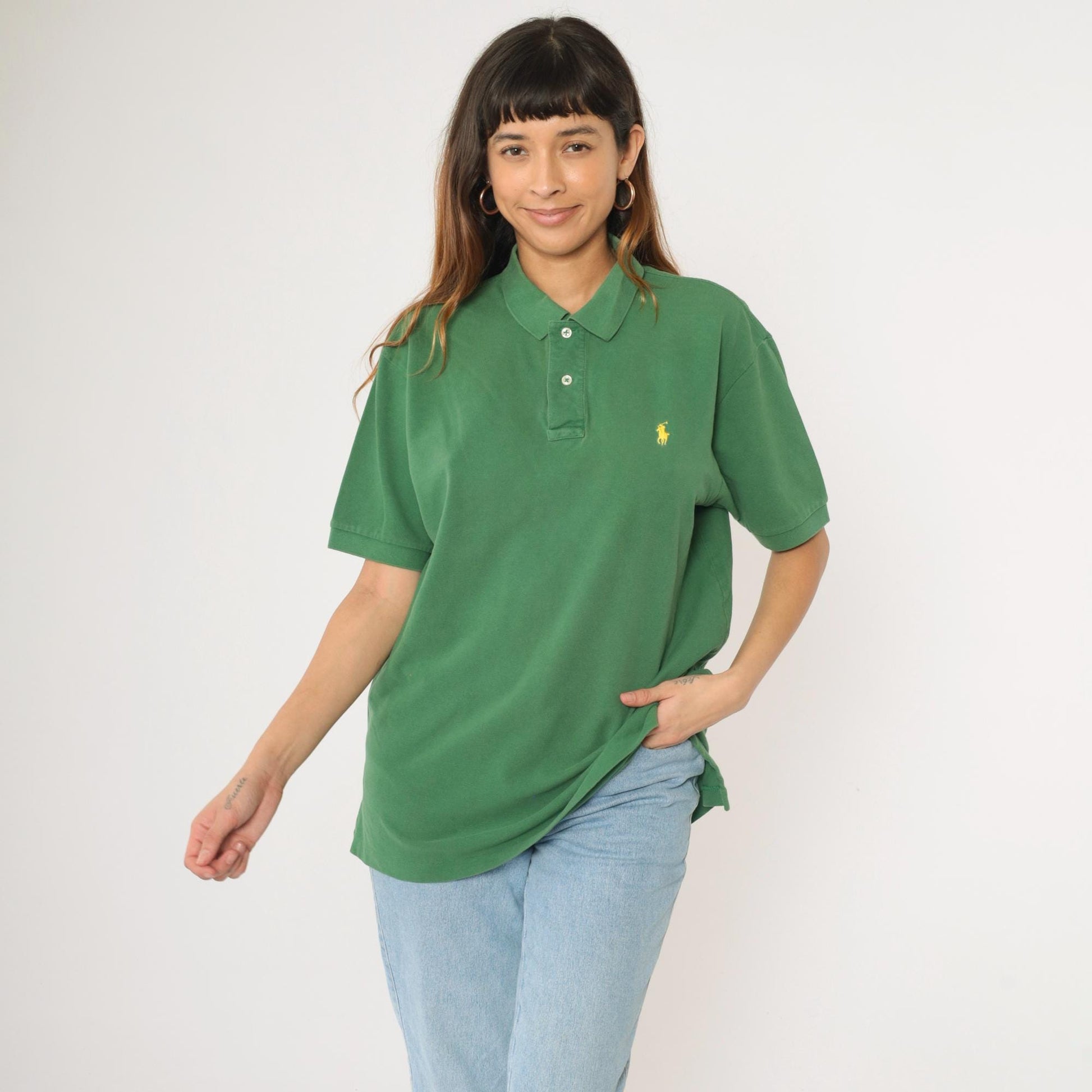 90s Ralph Lauren Polo Shirt Green Cotton Quarter-Button Collared Large L