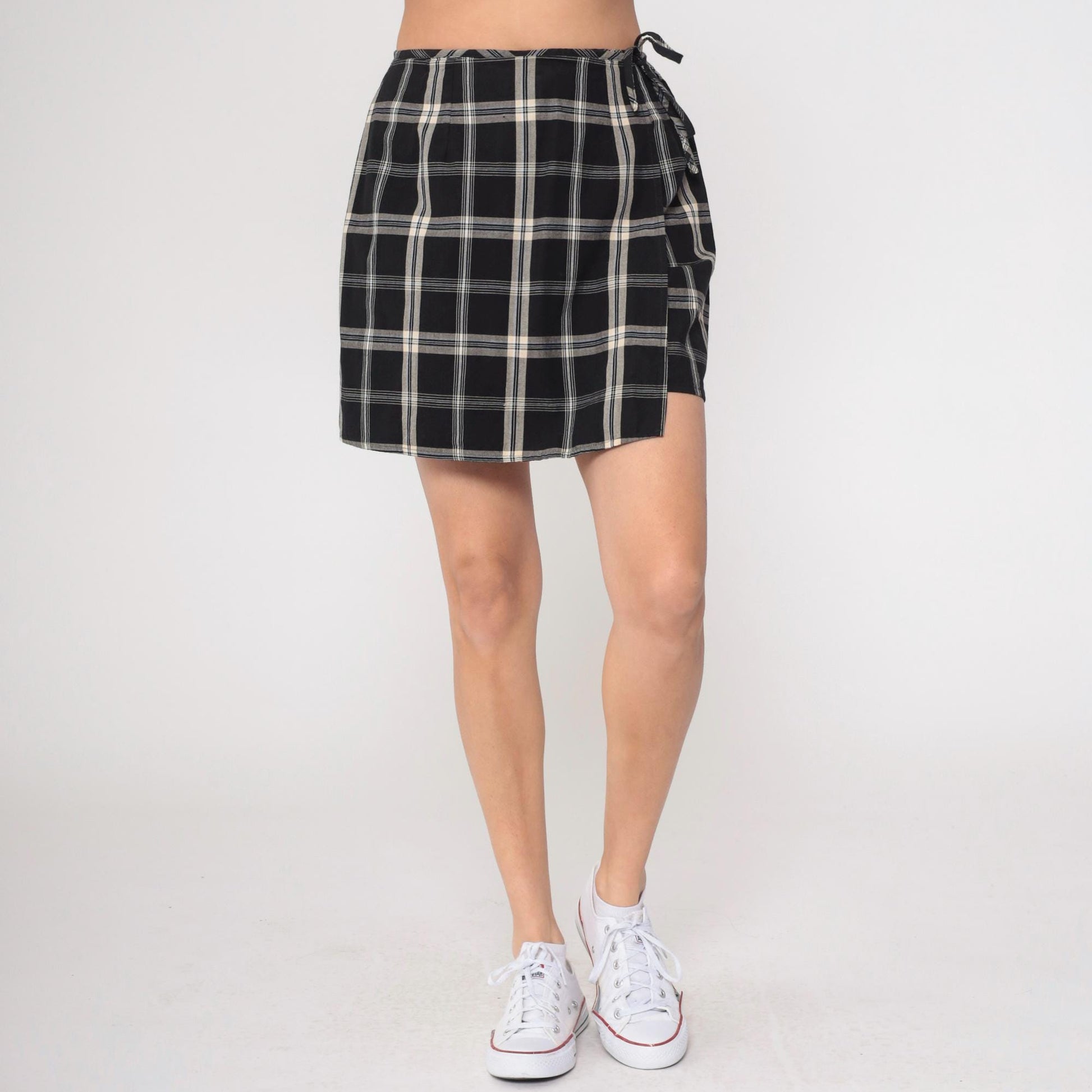 90s Black Checkered Wrap Skort High Waisted Plaid Mini Skirt Small 6