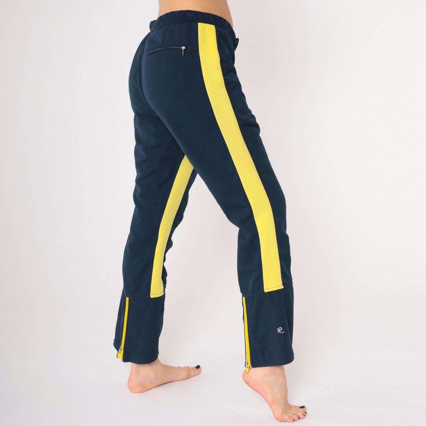 70s Roffe Ski Pants Navy Blue Yellow Striped Flared Snow Pants Medium