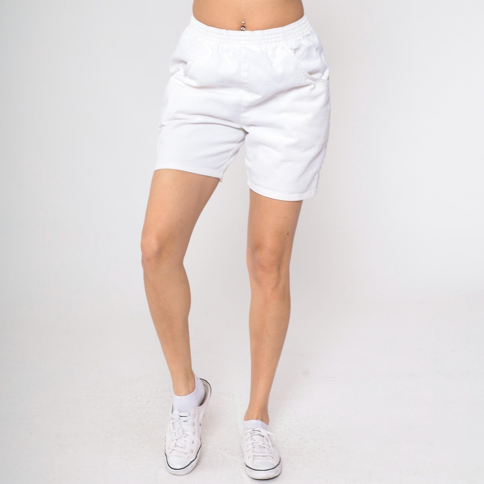 90s White Cotton Lounge Shorts High Waist Elastic Waist Small