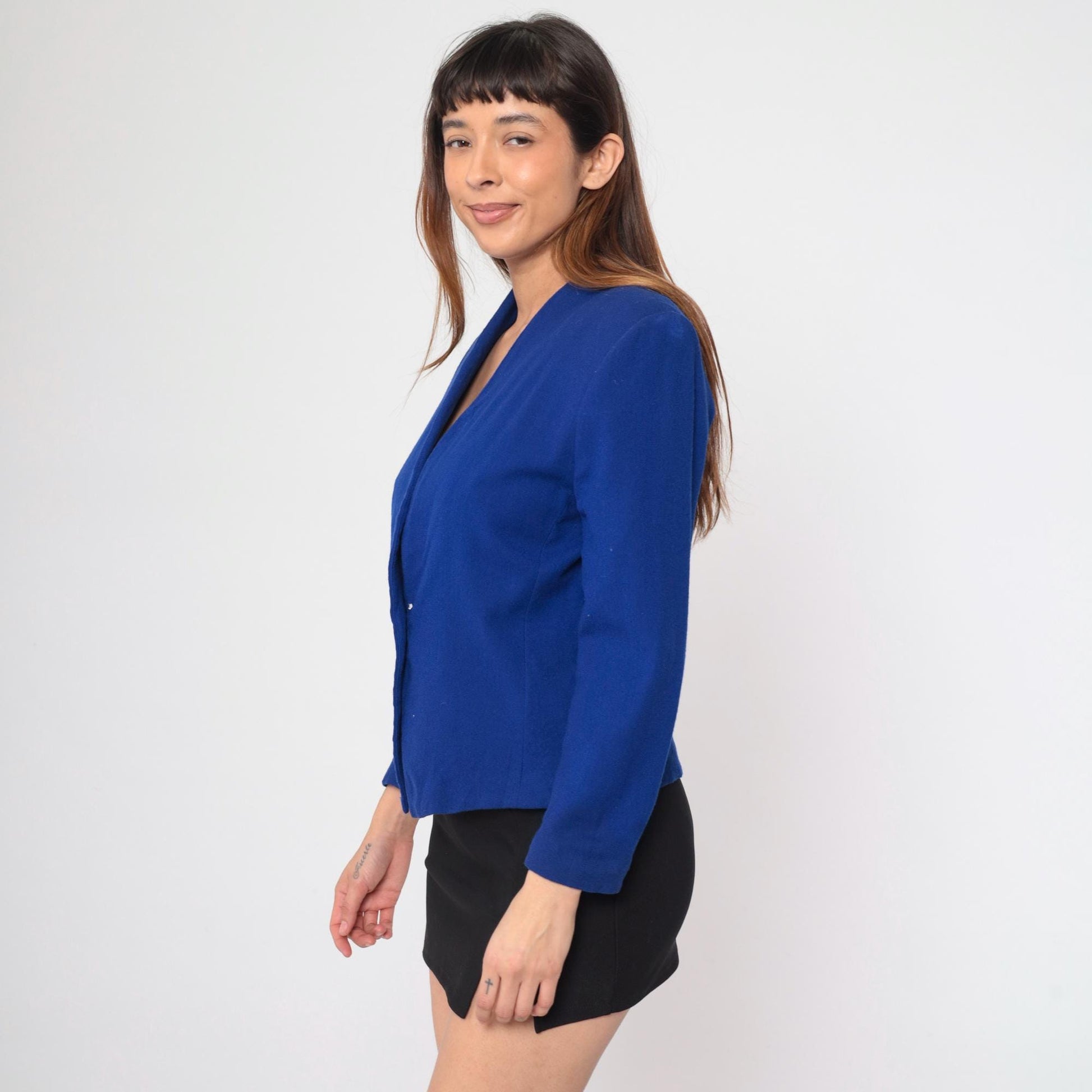 90s Valerie Stevens Wool Blazer Royal Blue V-Neck Gold Button Medium 8