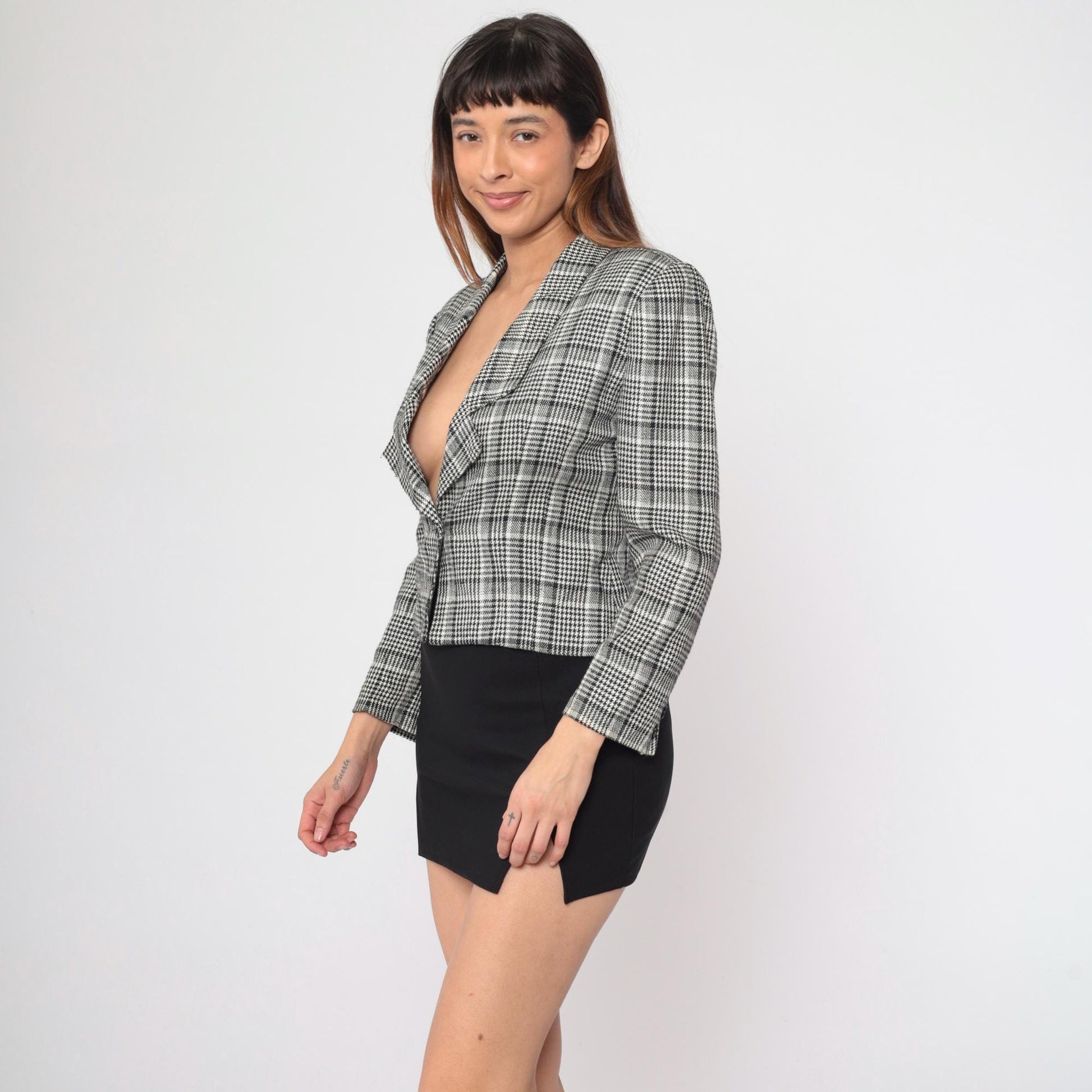 90s Michelle Stuart Houndstooth Blazer Black White Single Button Small Petite