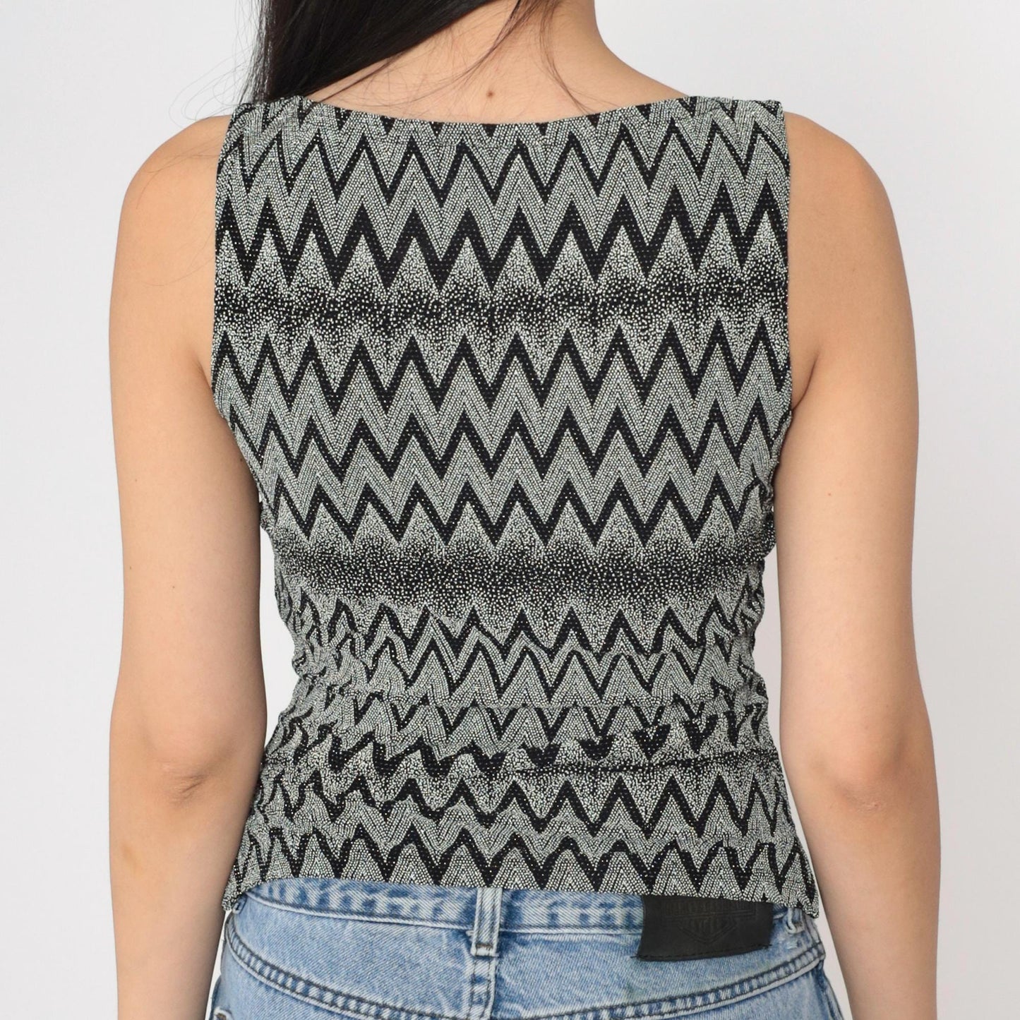 90s A. Byer Black White Chevron Metallic Tank Top Small