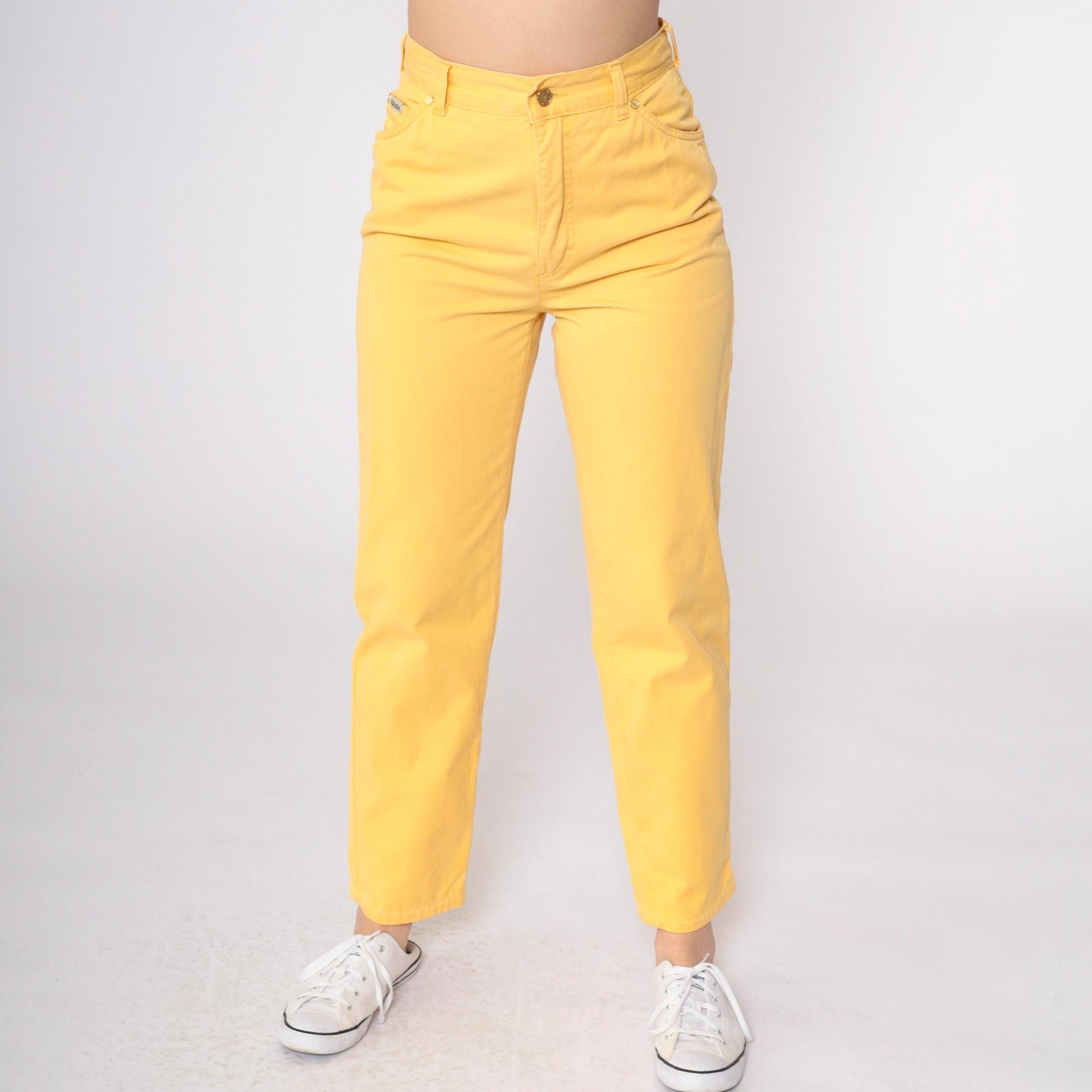 90s Escada Yellow Cotton High-Waisted Slim Trousers Small 29
