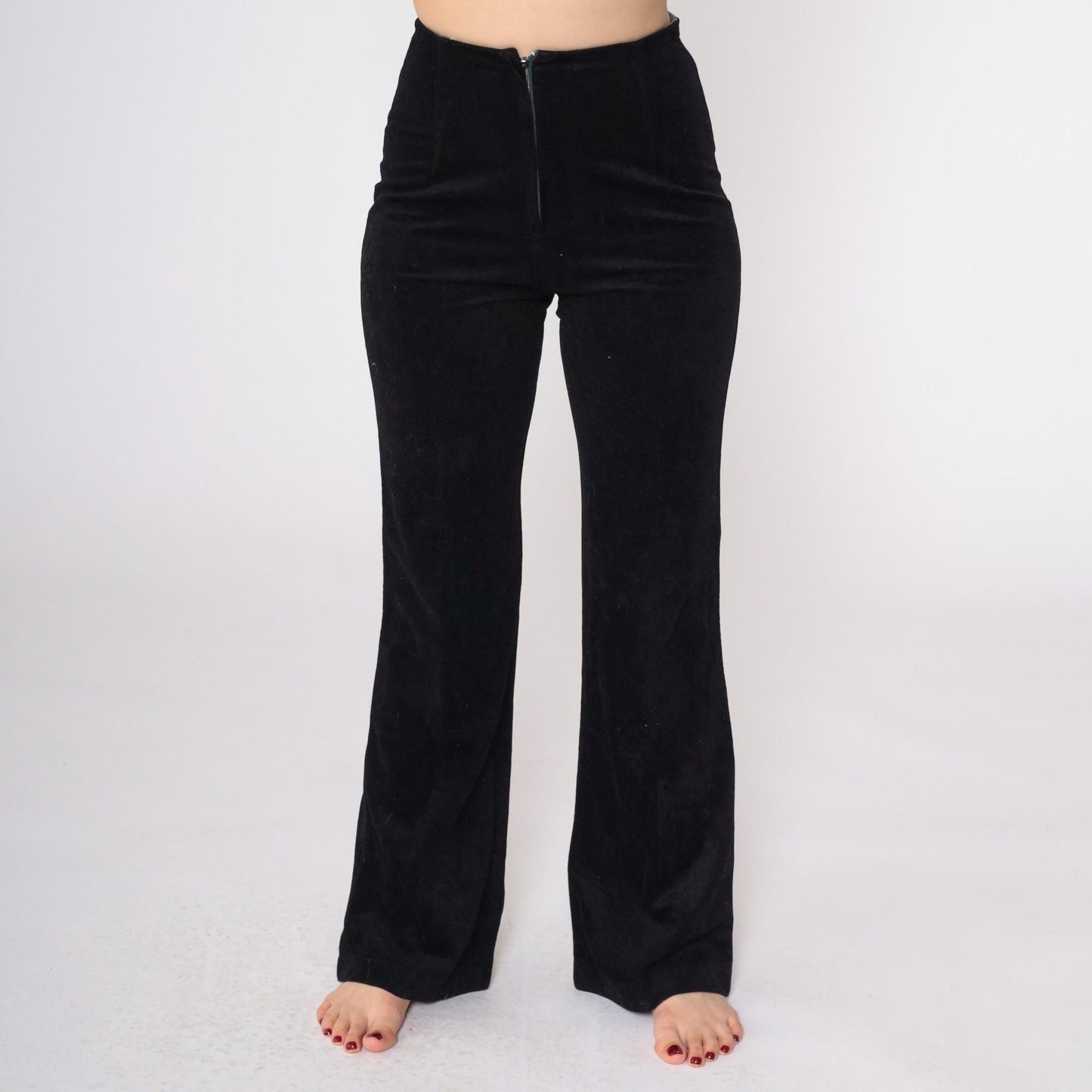 70s Black Velvet Bellbottoms High-Waisted Flared Trousers Small S