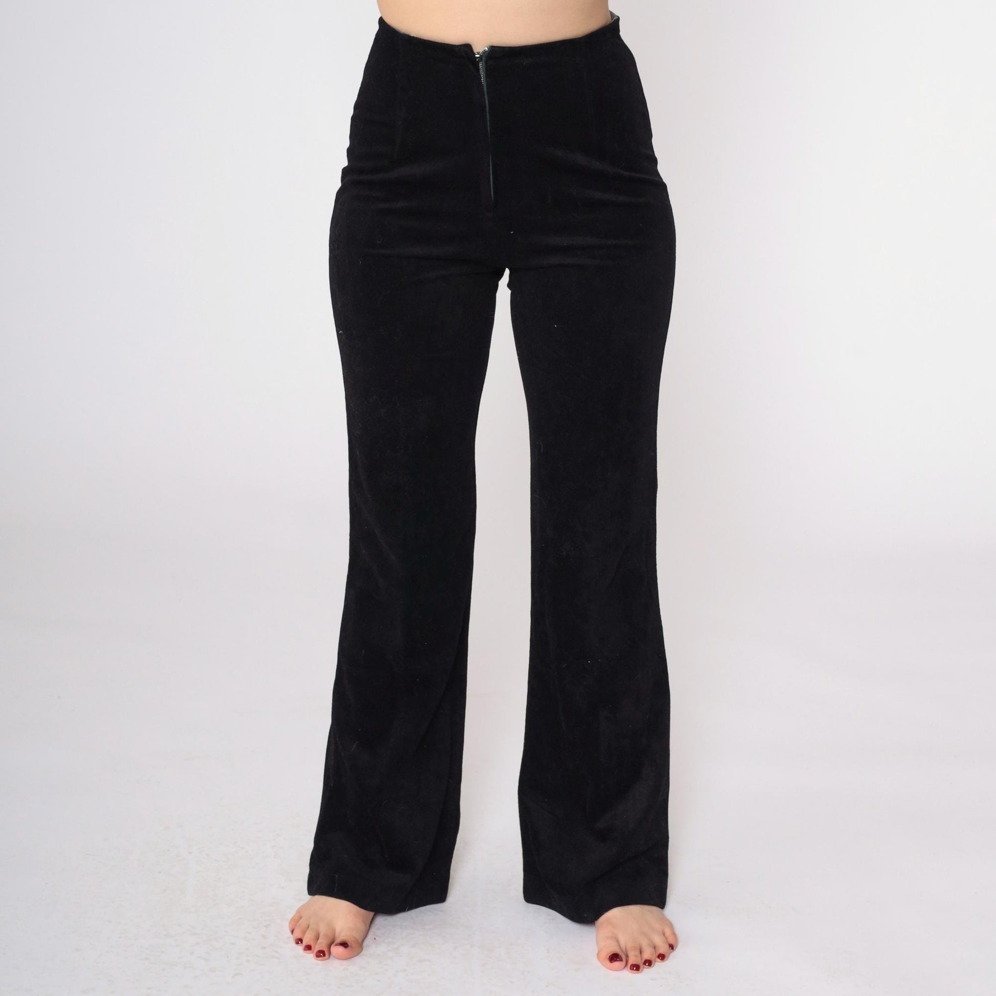 70s Black Velvet Bellbottoms High-Waisted Flared Trousers Small S
