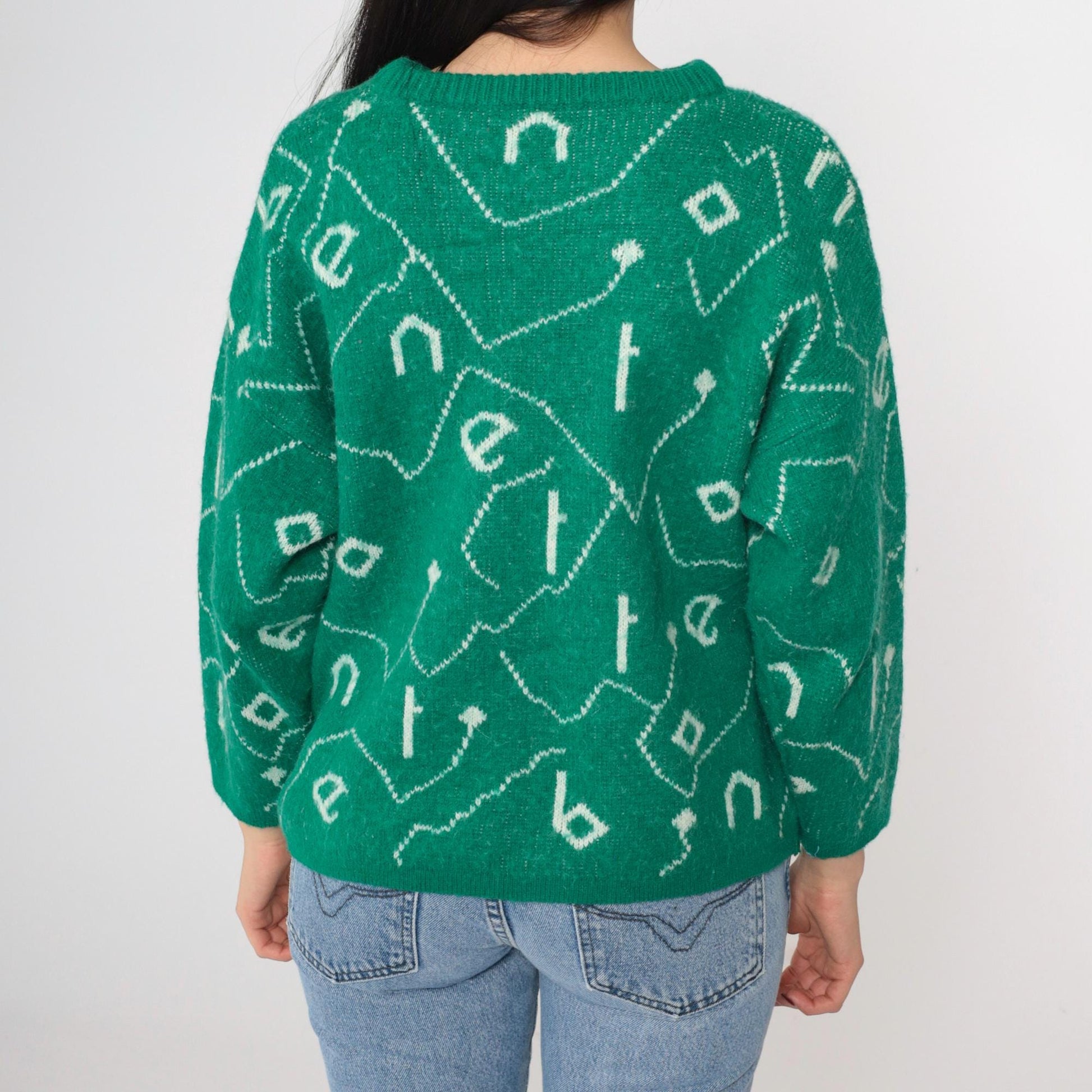 80s Benetton Wool Blend Sweater Green Spellout Graphic Crewneck Small