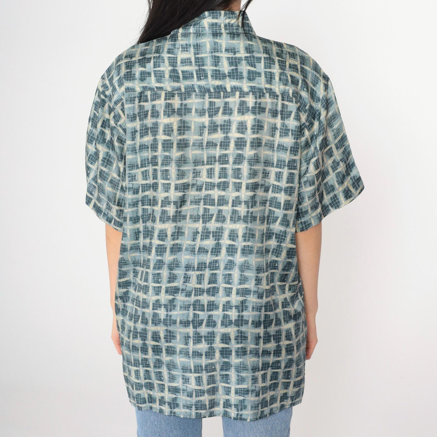 90s Robert Stock Silk Shirt Blue Geometric Print Button Up Small