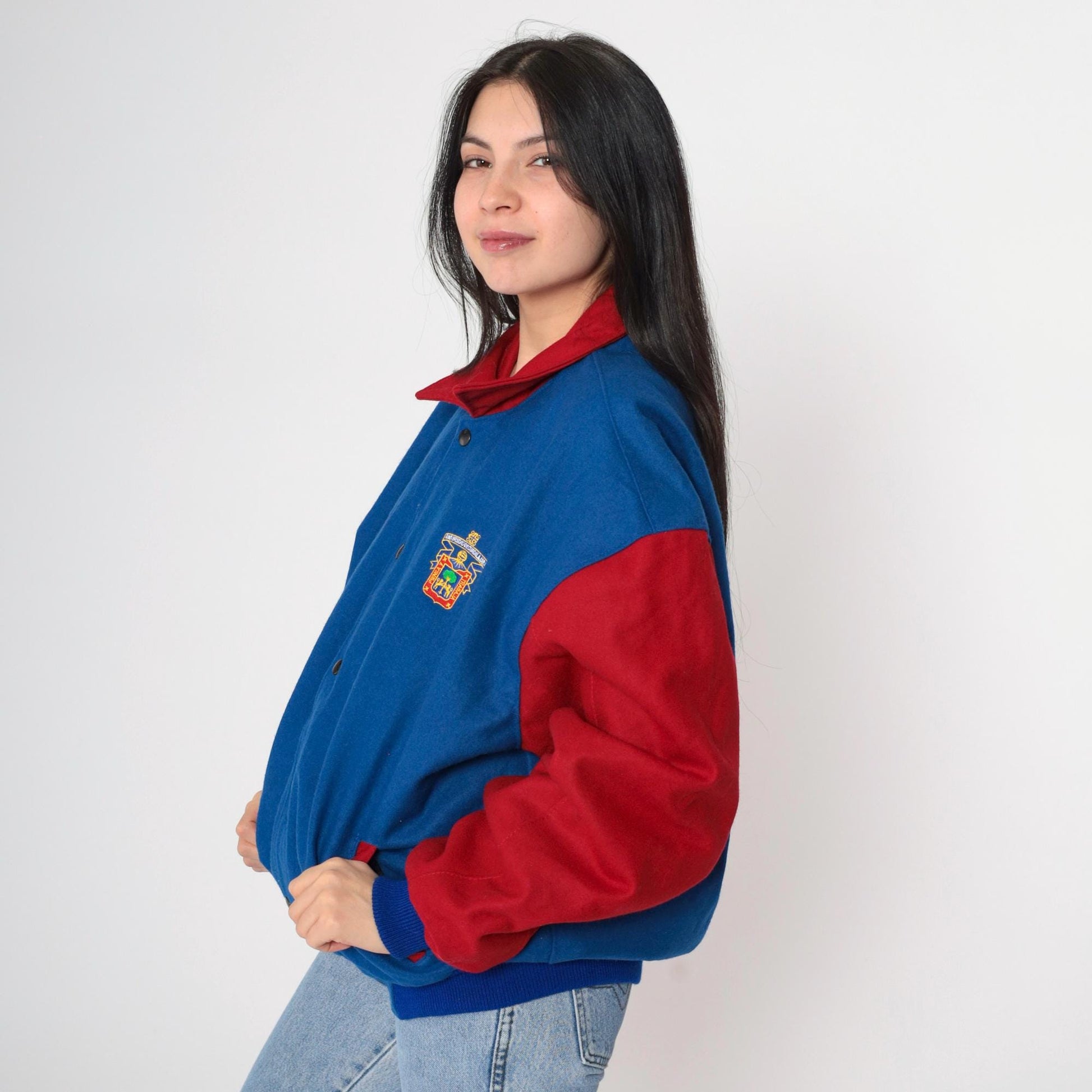 90s Universidad de Guadalajara Wool Varsity Jacket Lion Embroidery Blue Red Large