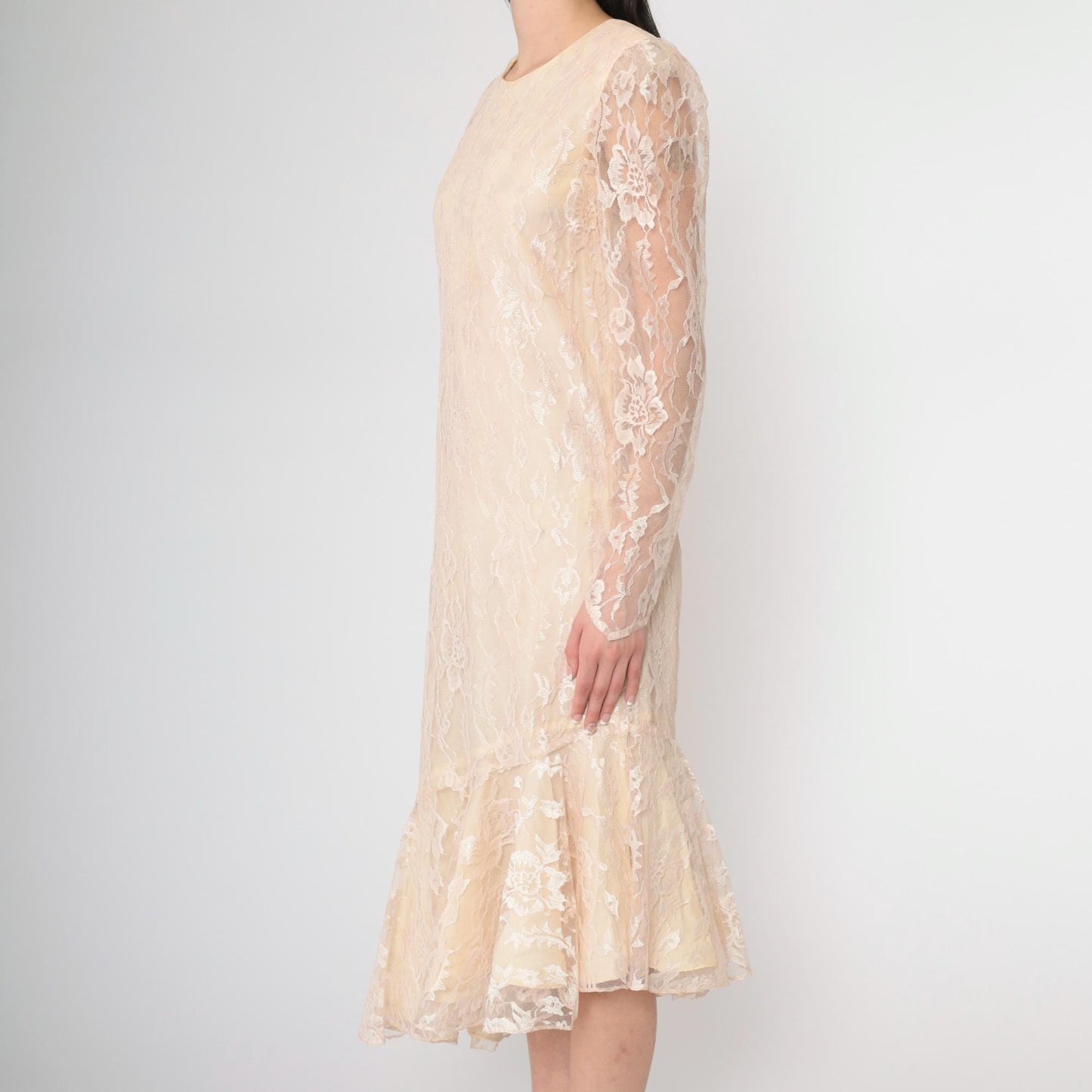 80s Peach Lace Puff Sleeve Dress Keyhole Back Mermaid Hem Small