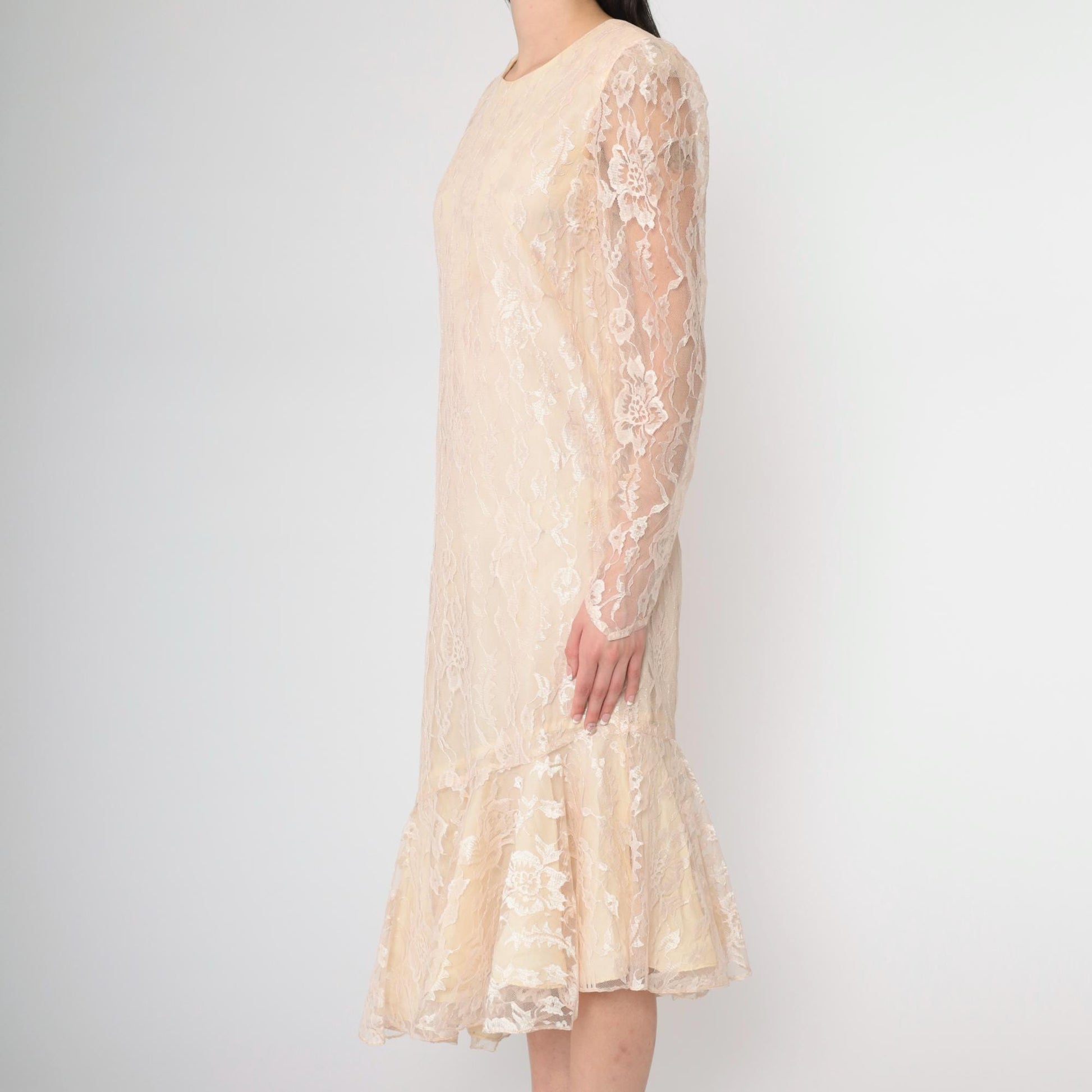 80s Peach Lace Puff Sleeve Dress Keyhole Back Mermaid Hem Small