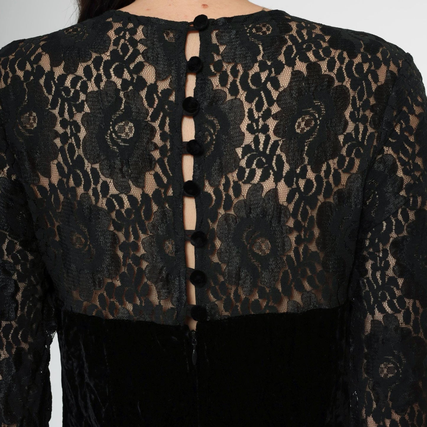 80s Depeche Black Velvet Midi Dress Lace Sleeves Sweetheart Neckline Small
