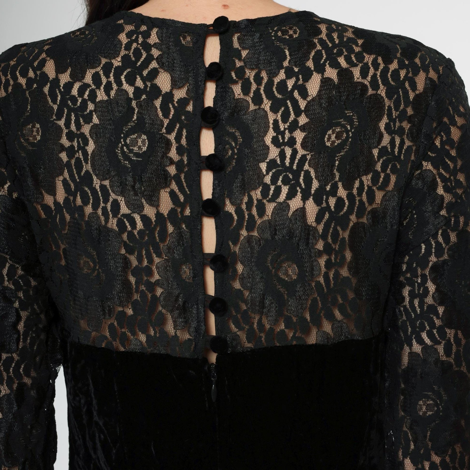 80s Depeche Black Velvet Midi Dress Lace Sleeves Sweetheart Neckline Small