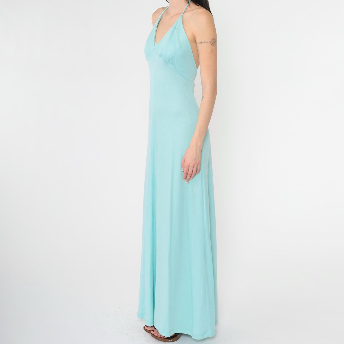 70s Light Blue Halter Maxi Dress Open Back Empire Waist Extra Small