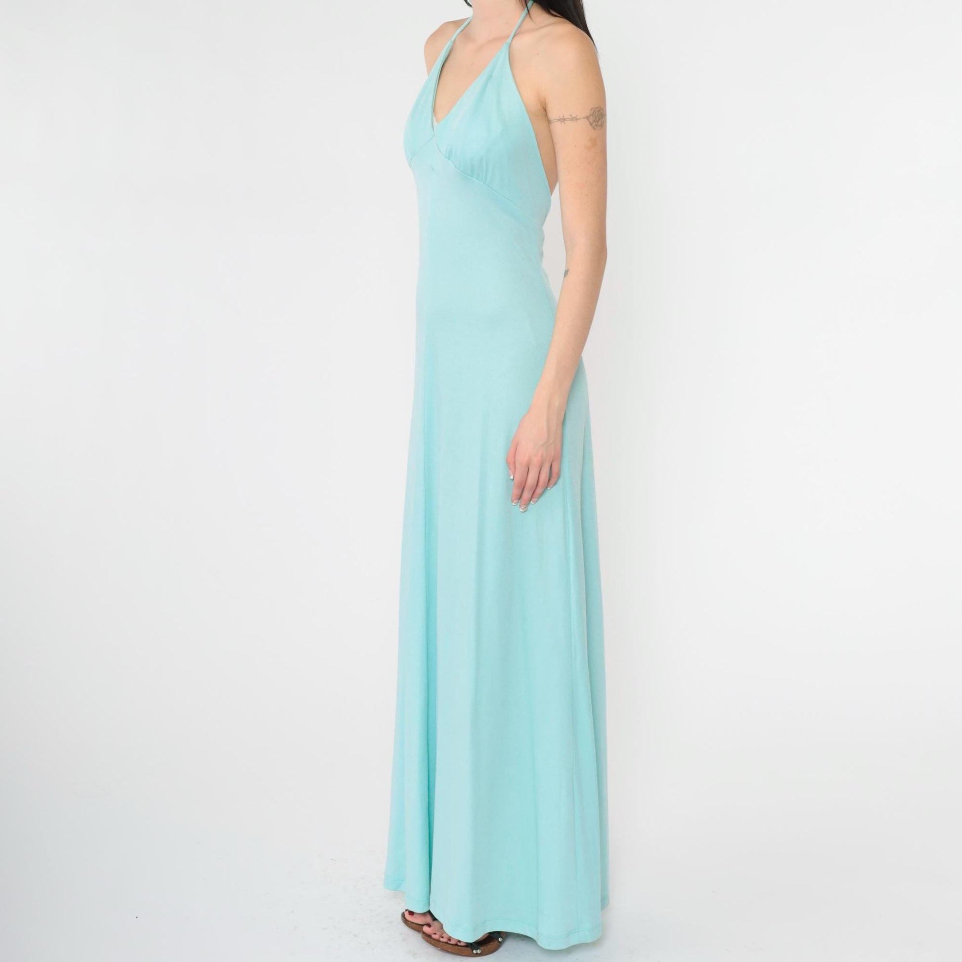 70s Light Blue Halter Maxi Dress Open Back Empire Waist Extra Small