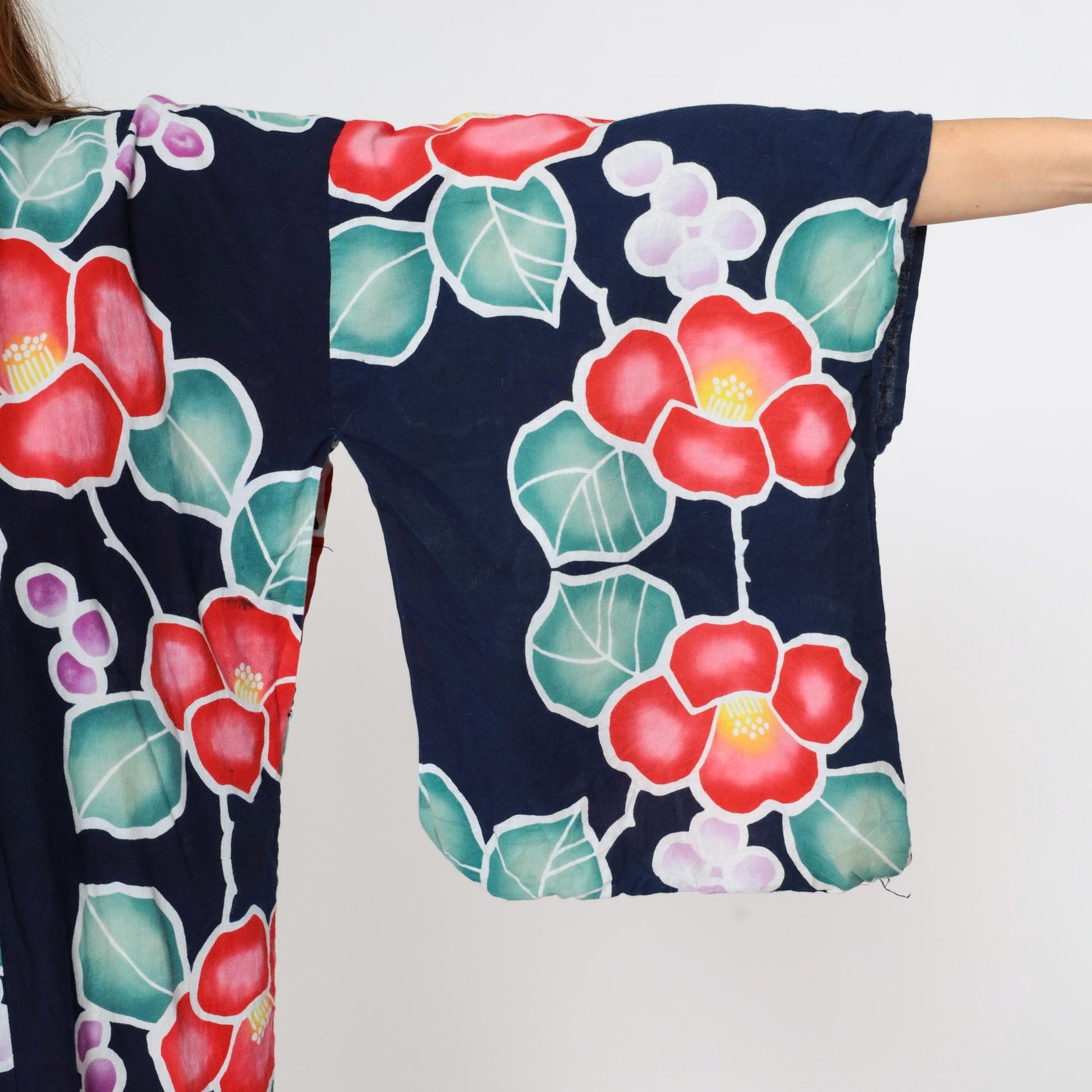 Y2K Japanese Floral Kimono Navy Blue Maxi Robe Open Front Small Medium Large