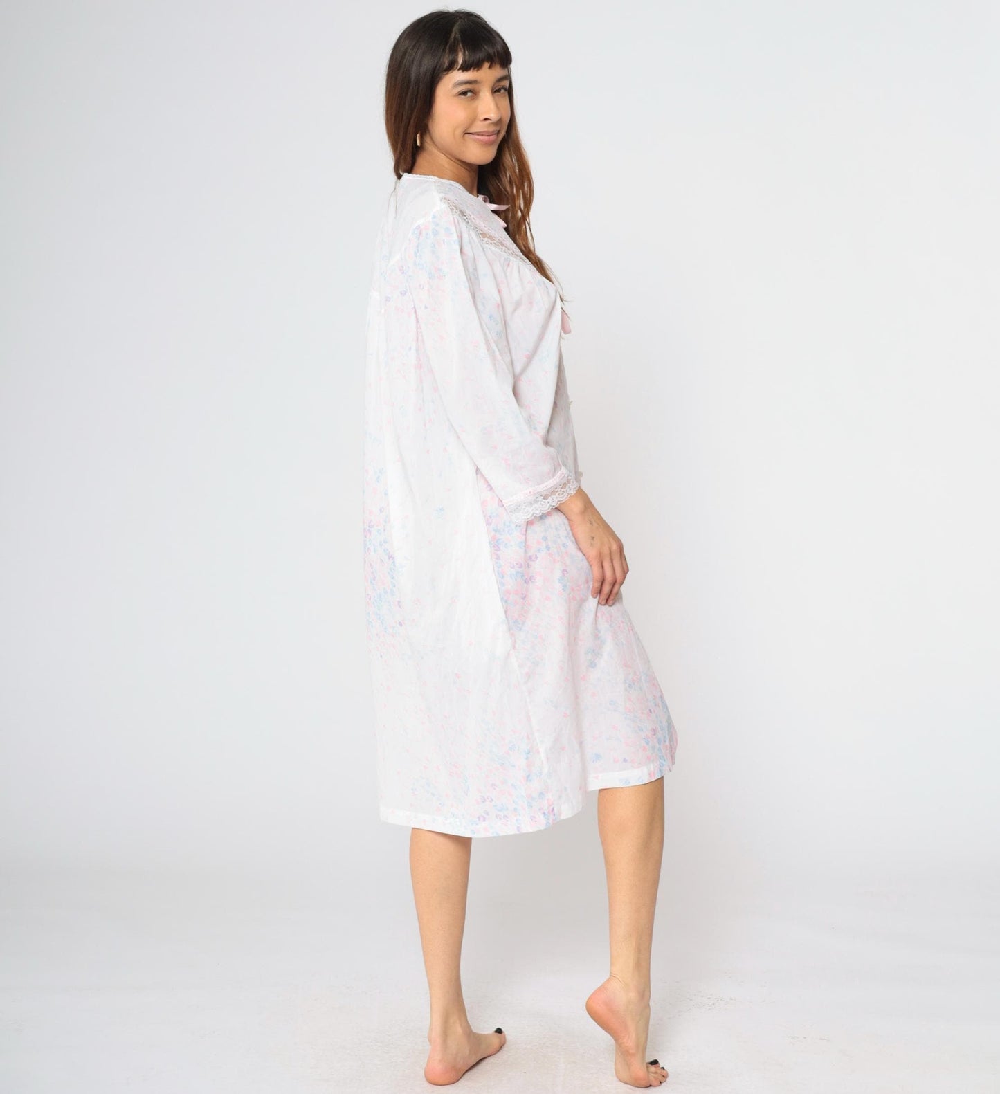 80s Barbizon Floral Button-Up Nightgown Pastel Pink Lace Trim Midi Large L
