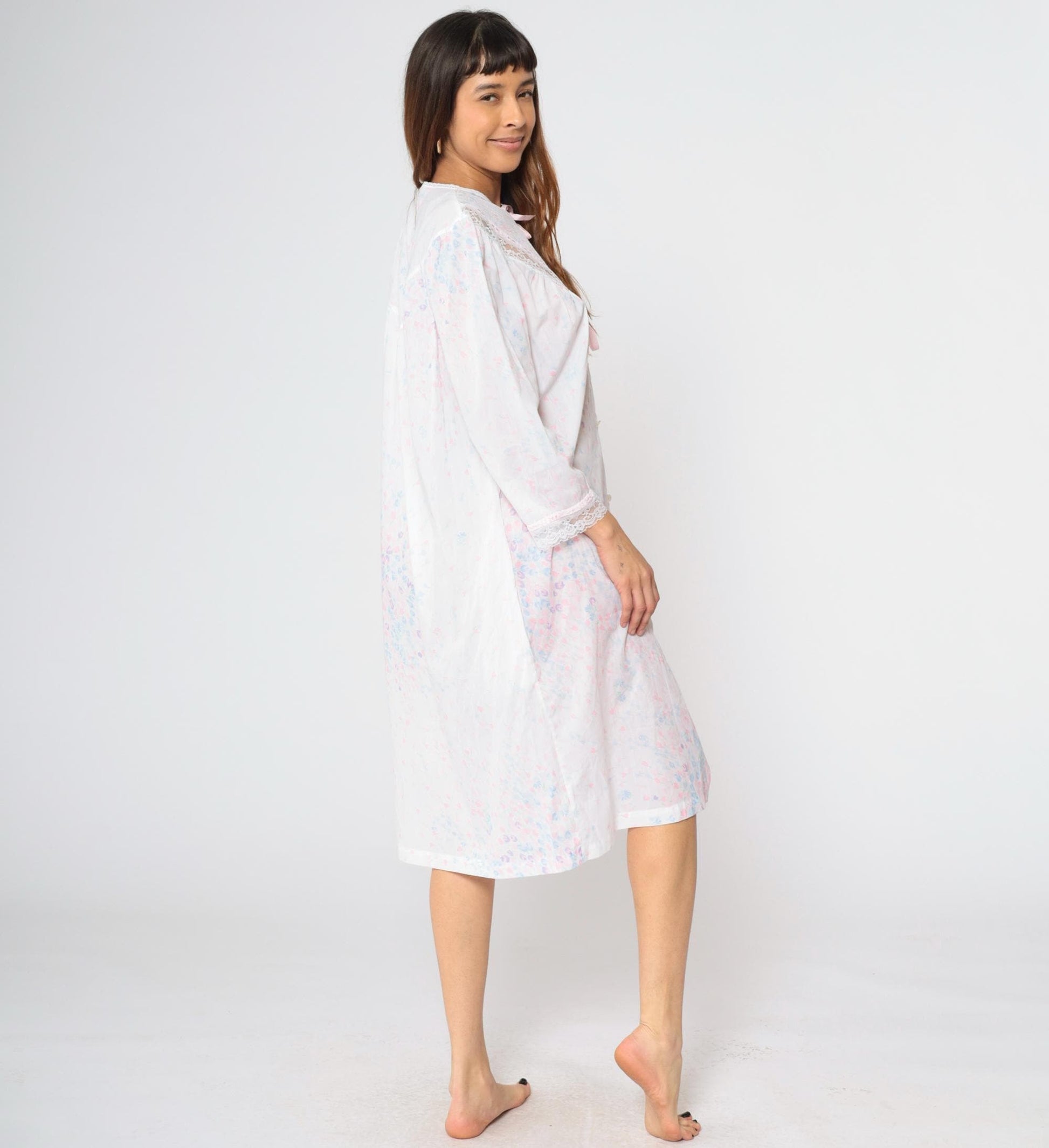 80s Barbizon Floral Button-Up Nightgown Pastel Pink Lace Trim Midi Large L