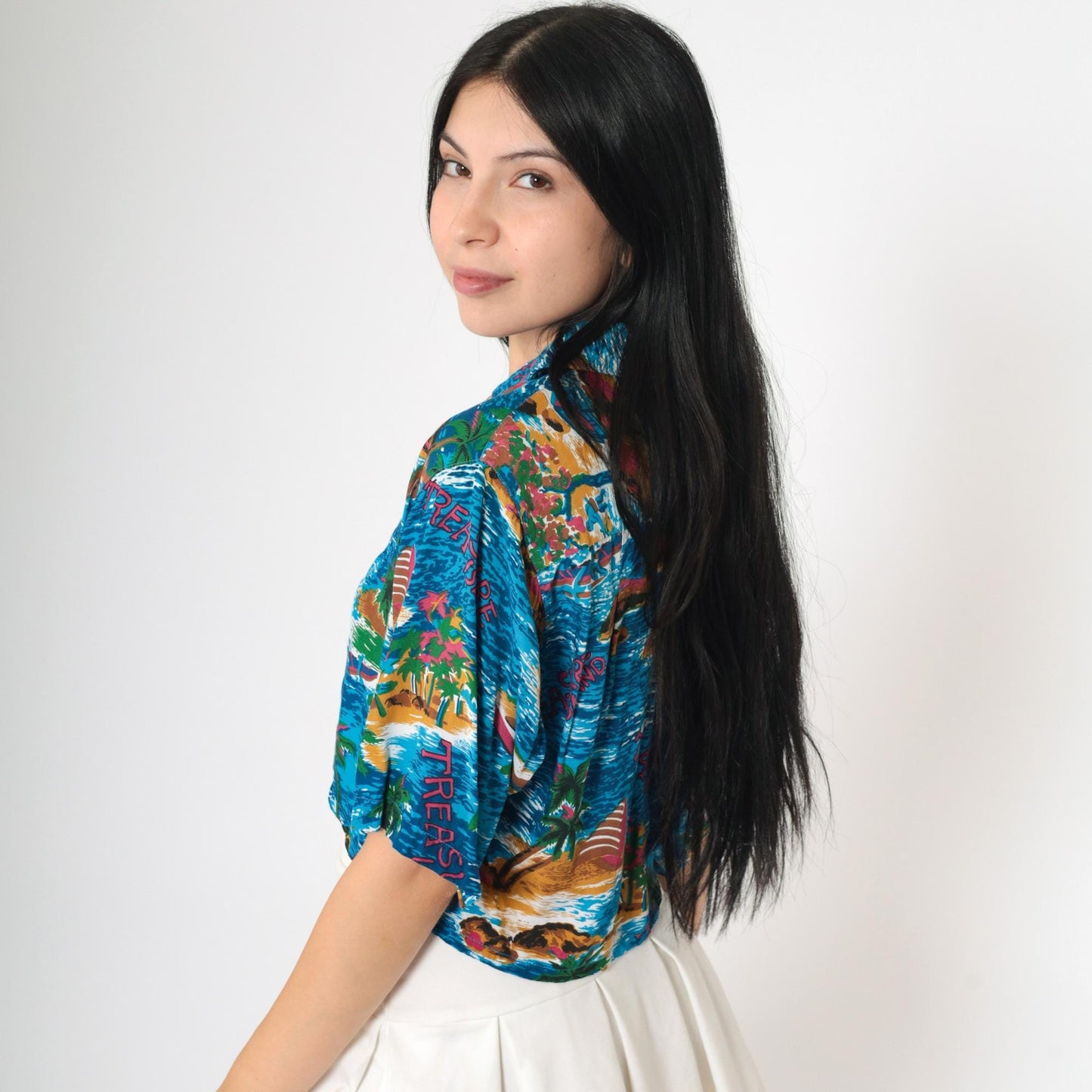 90s Islander Tropical Crop Top Blue Treasure Island Button-Up Medium