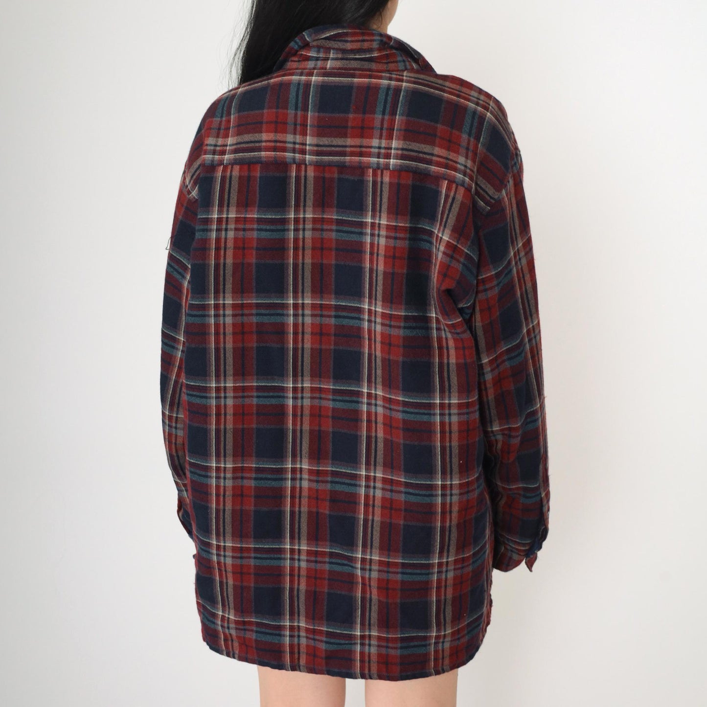 80s TimberTrail Wool Plaid Shirt Quilted Lining Red Navy Button Up Large L
