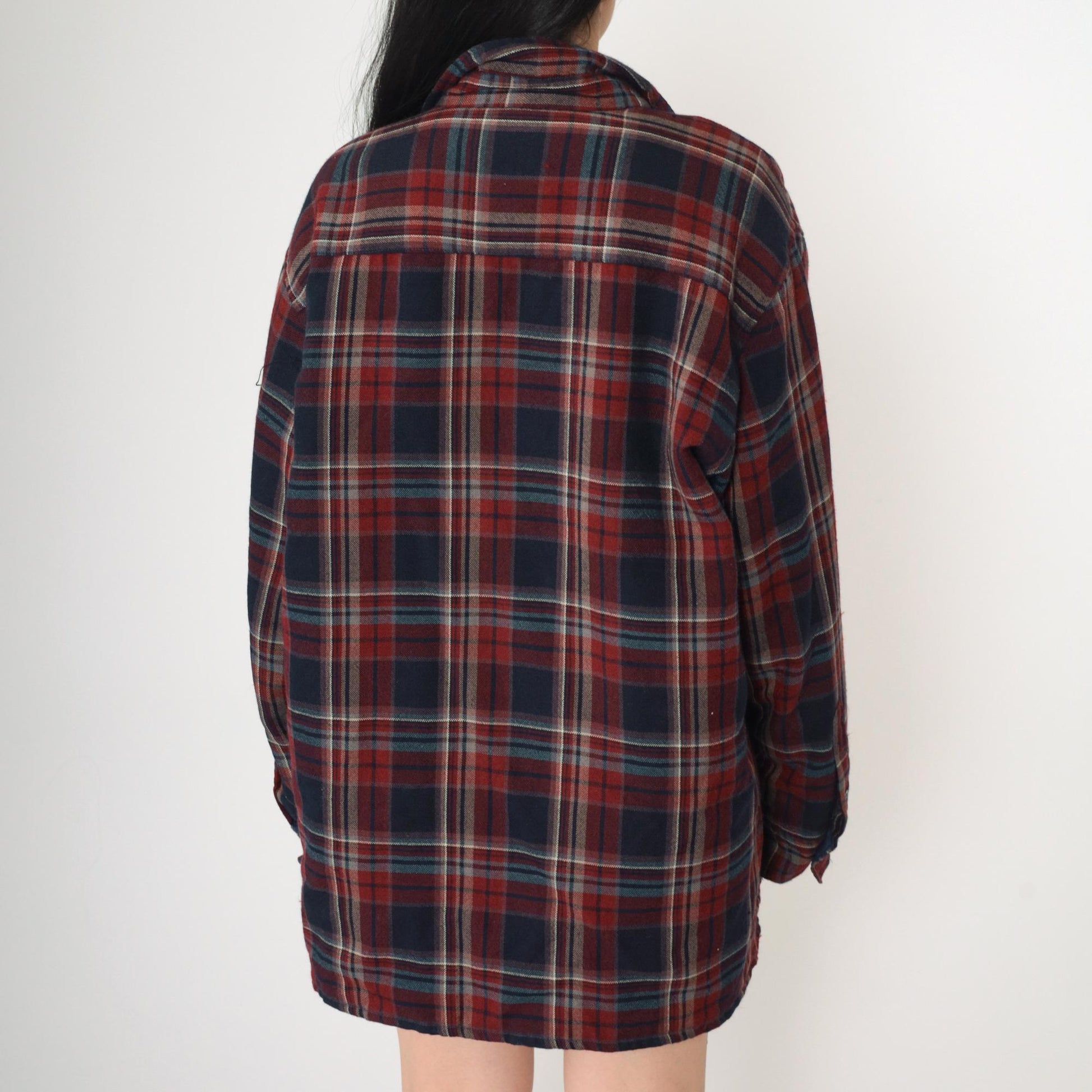 80s TimberTrail Wool Plaid Shirt Quilted Lining Red Navy Button Up Large L
