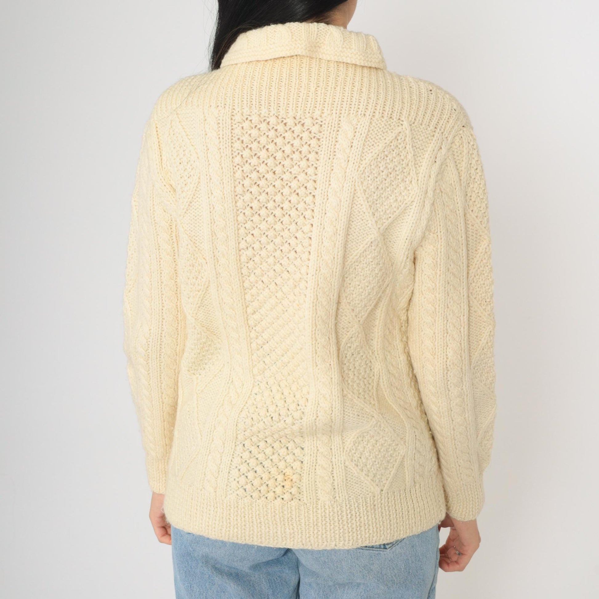 80s Cream Cable Knit Turtleneck Sweater Pullover Small