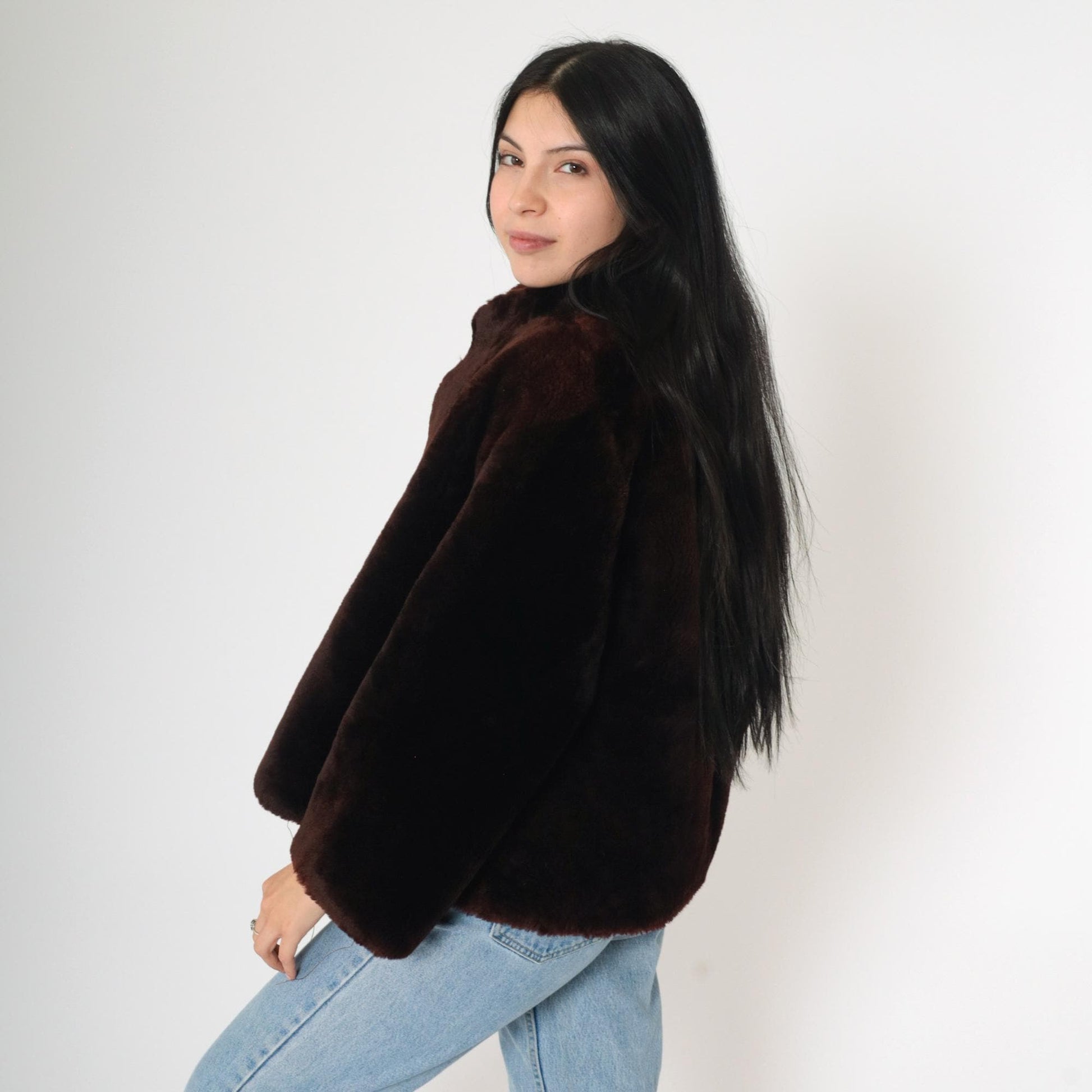 70s Brown Fur Jacket Cape Silhouette Bell Sleeve Open Front Small