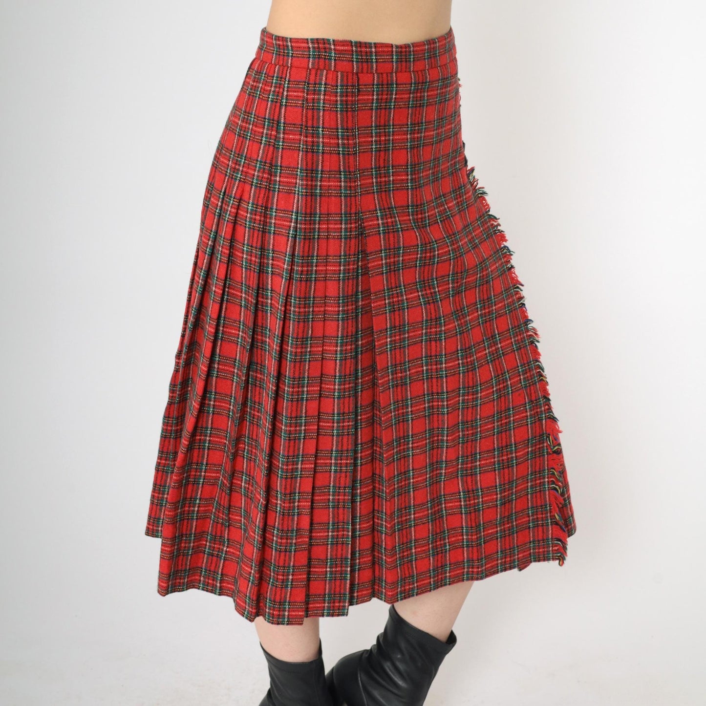 80s Red Plaid Midi Skirt High Waist Pleated Tartan Buckle Small