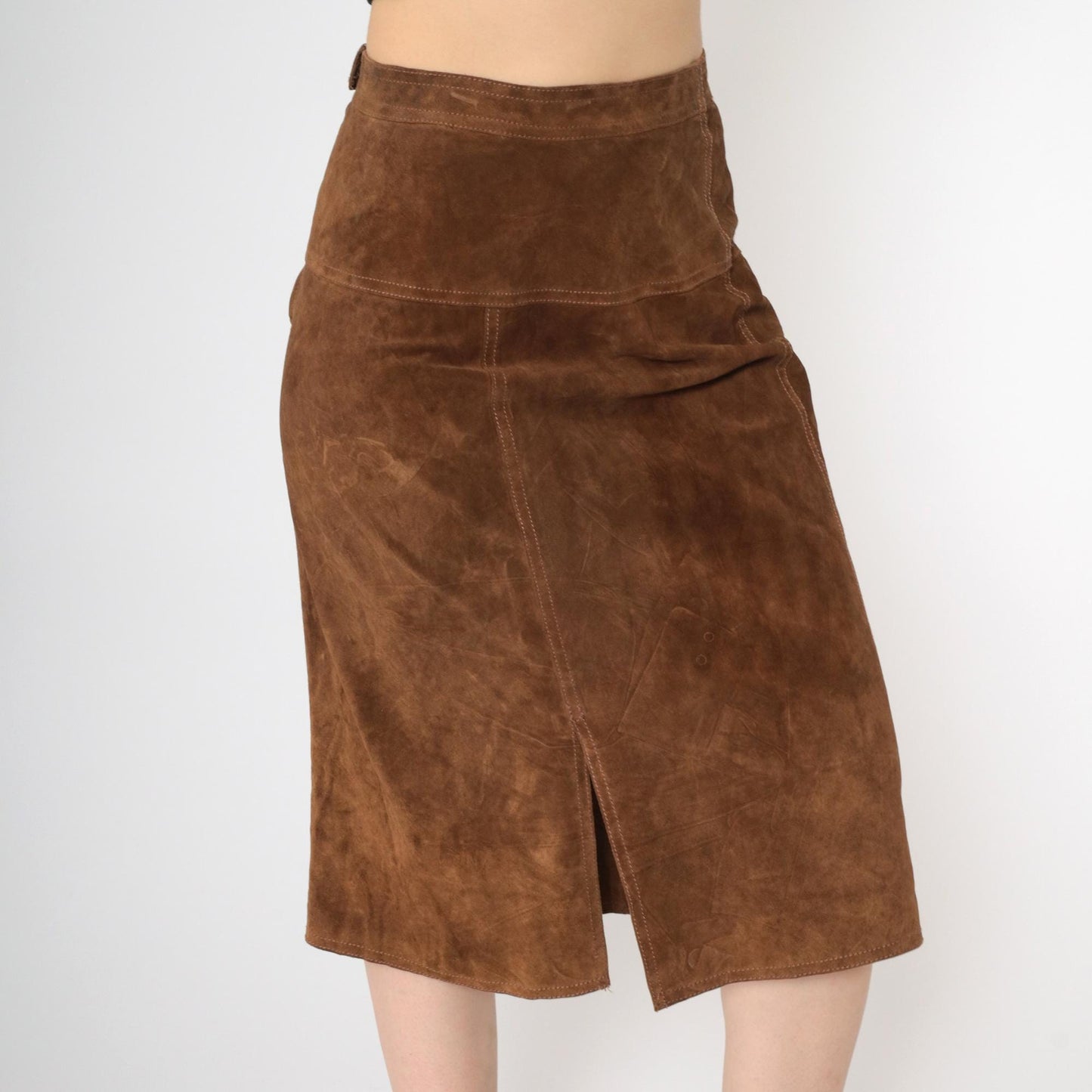 90s Brown Suede Midi Skirt High Waist Front Slit Small S