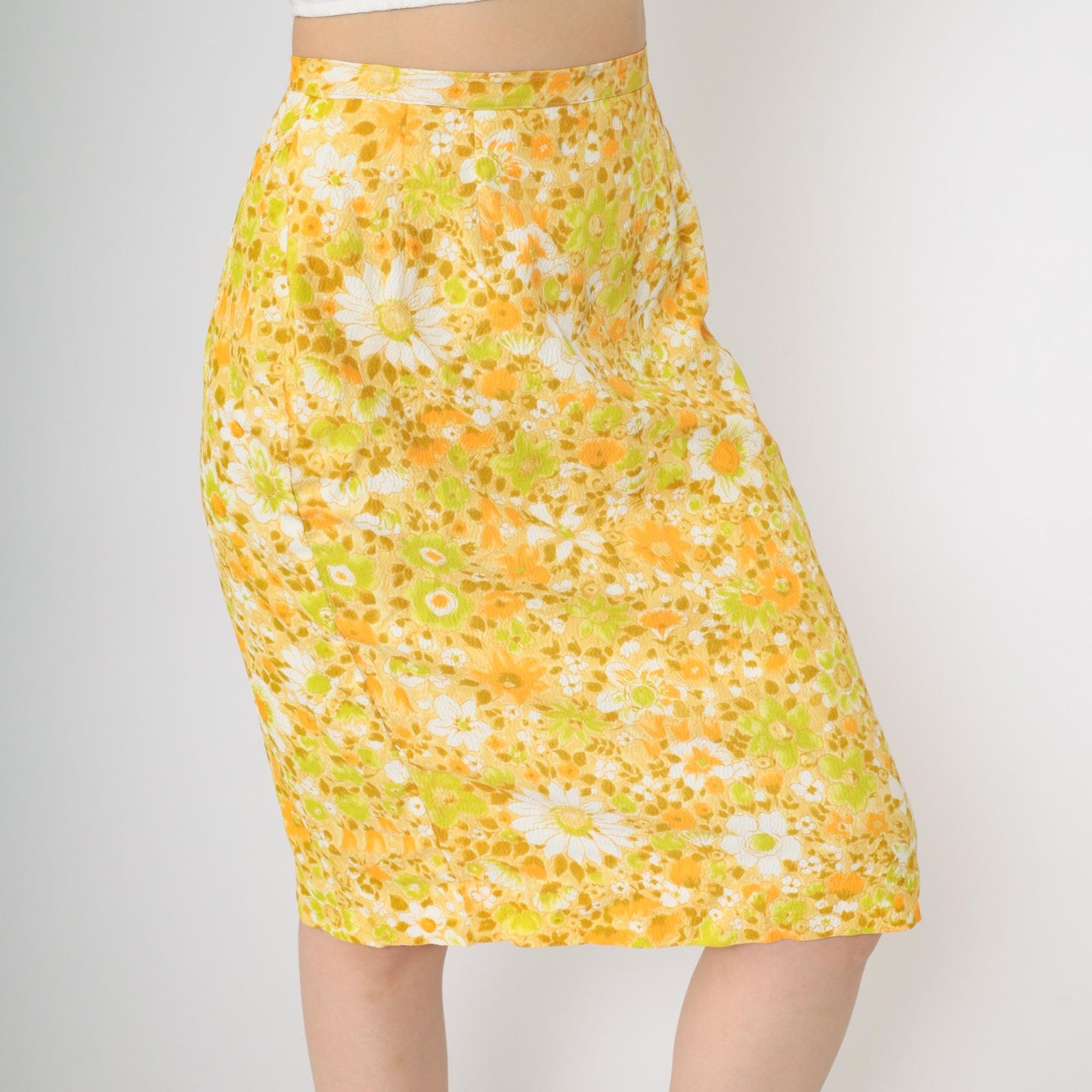 60s Yellow Orange Floral Pencil Midi Skirt High Waist Small