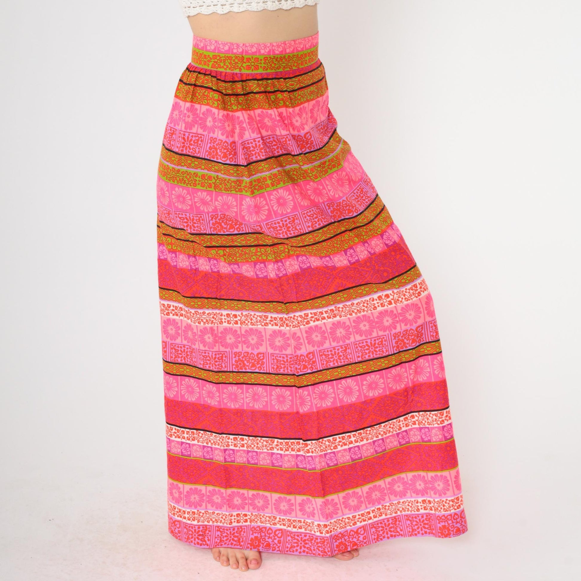 70s Floral Striped Maxi Skirt High Waist Hot Pink Olive Purple Small S
