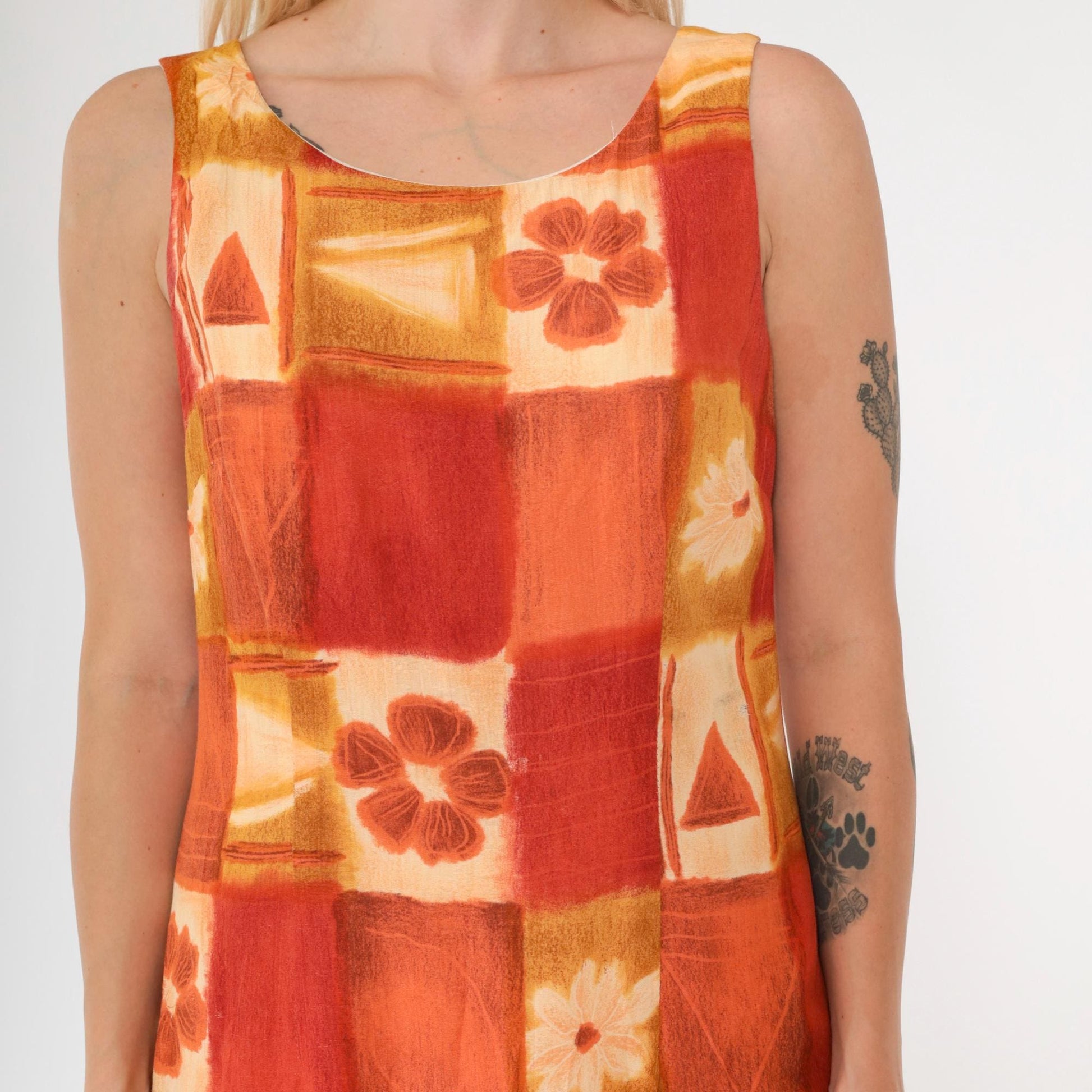 90s Jeffrey & Dara Geometric Floral Mini Dress Sleeveless Yellow Orange Small