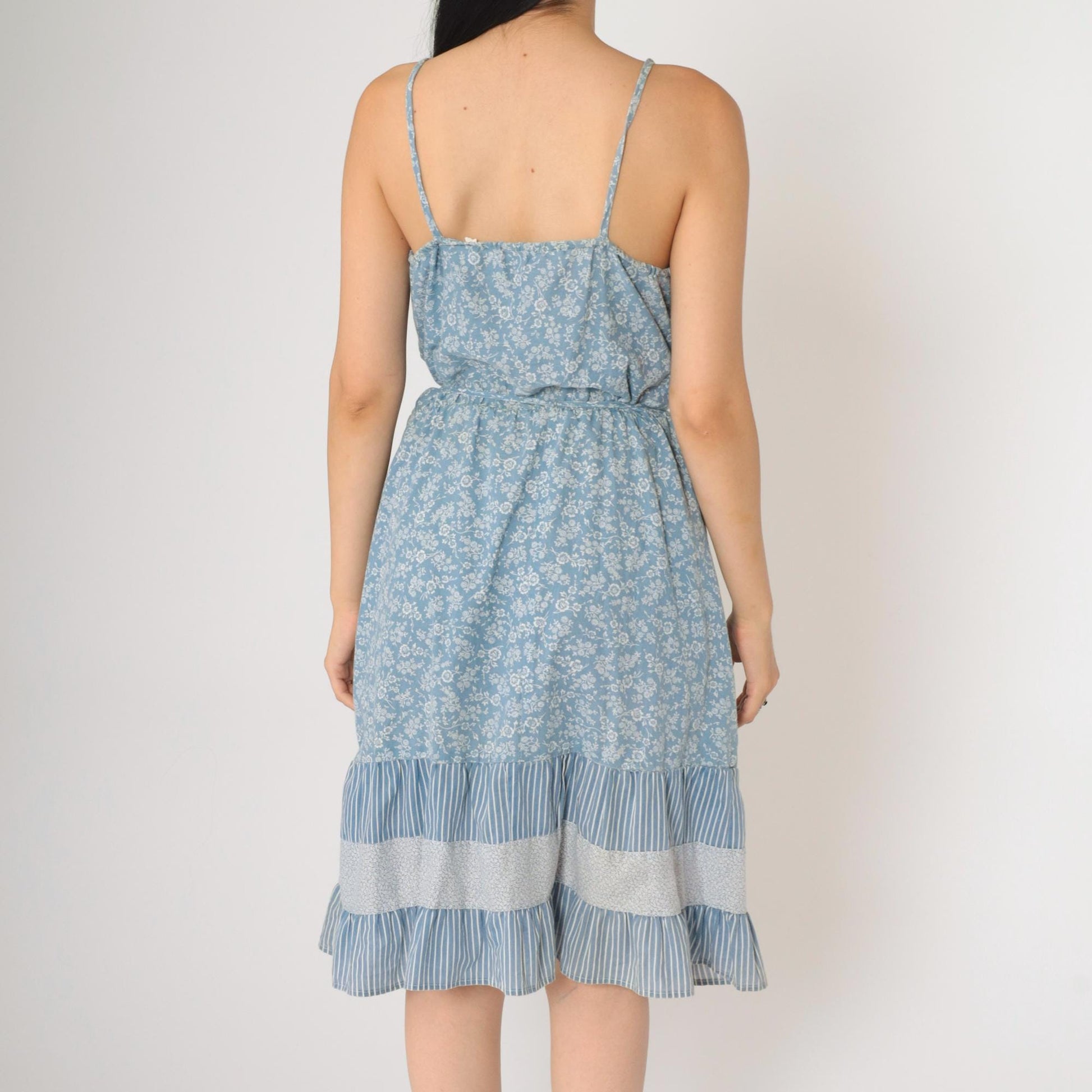 70s Floral Blue Tiered Sundress Spaghetti Strap High Waist Knee Length Small