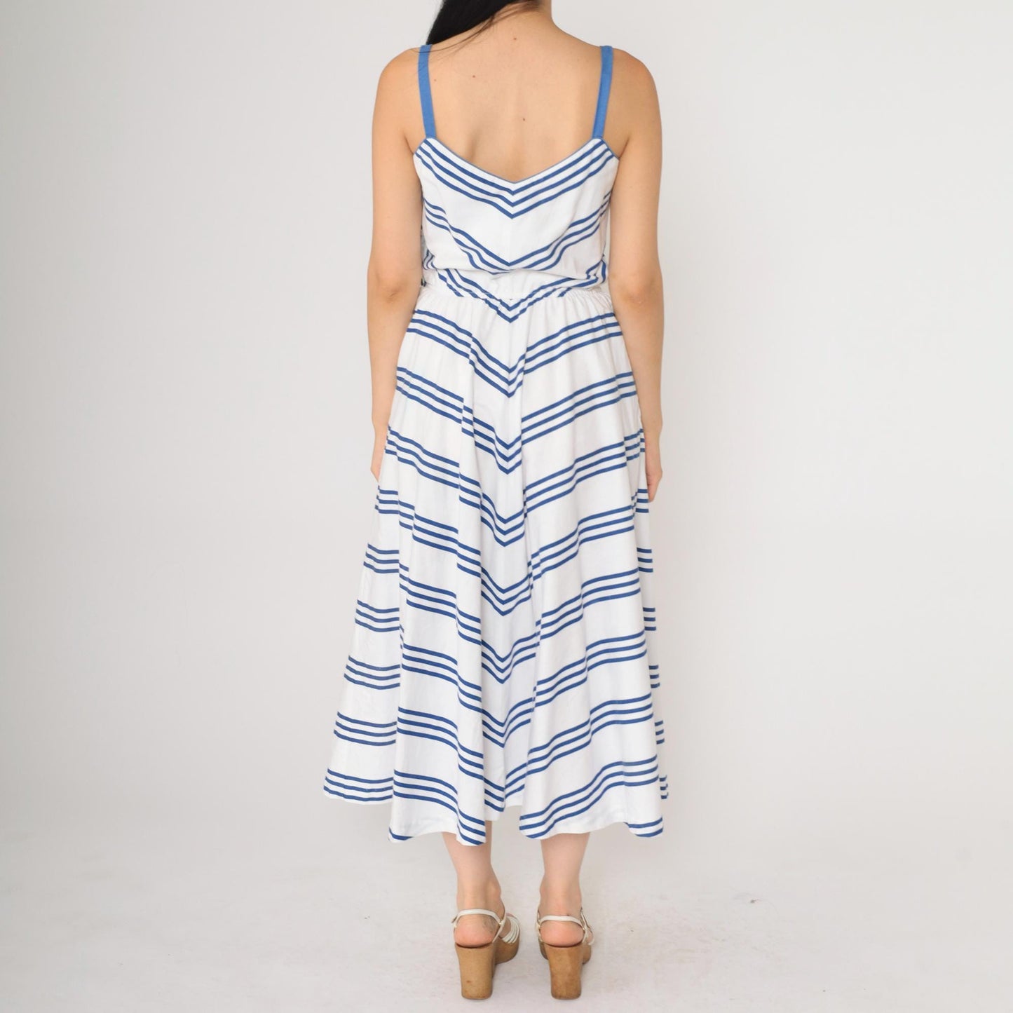 70s Lanz Originals Chevron Midi Sundress Blue White High Waist Small