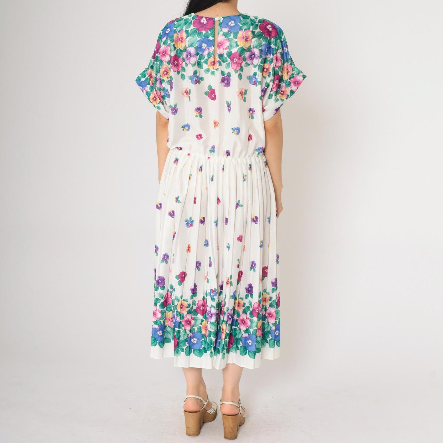 80s Floral Midi Dress White Multicolor Pleated High Waist Short Sleeve Extra Large