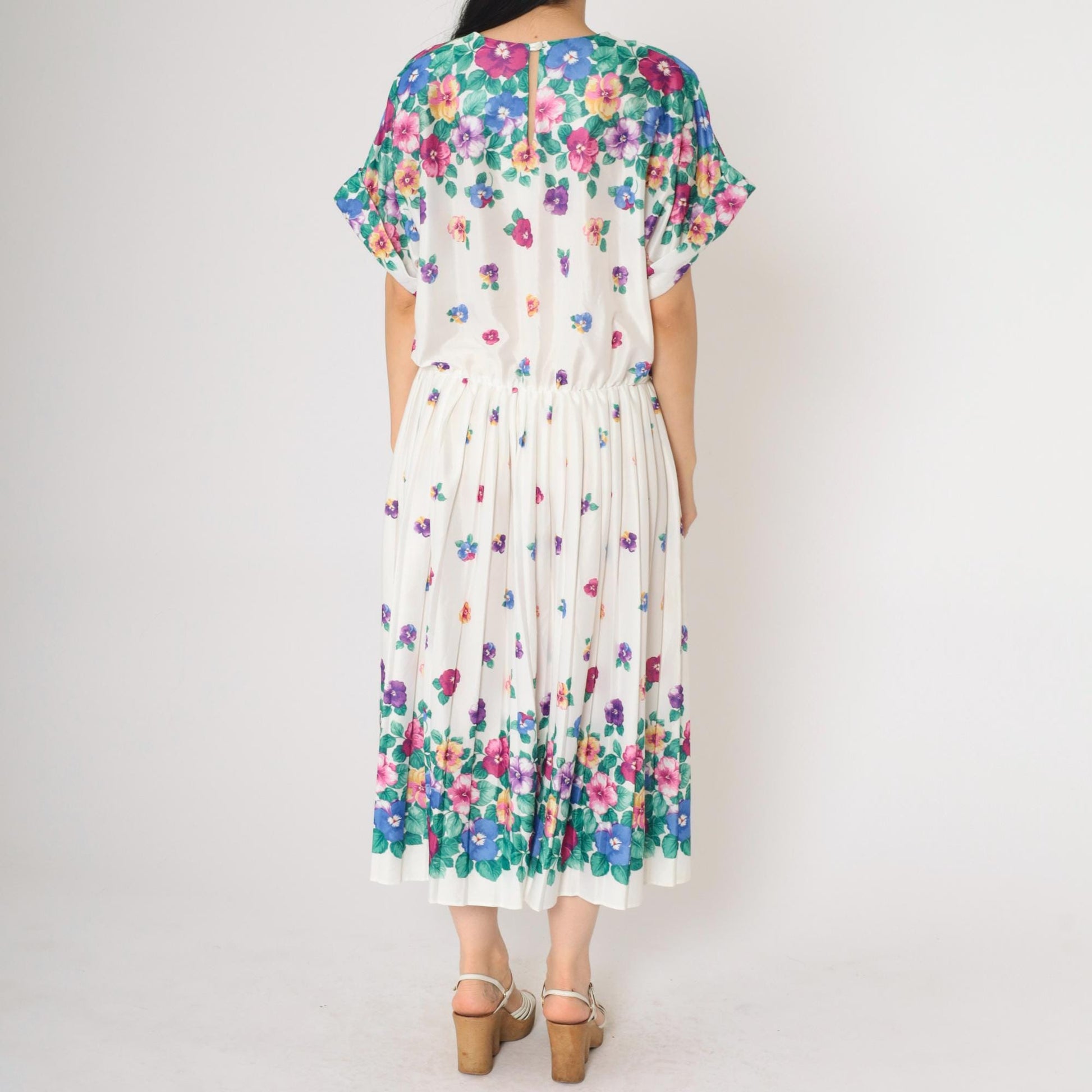 80s Floral Midi Dress White Multicolor Pleated High Waist Short Sleeve Extra Large