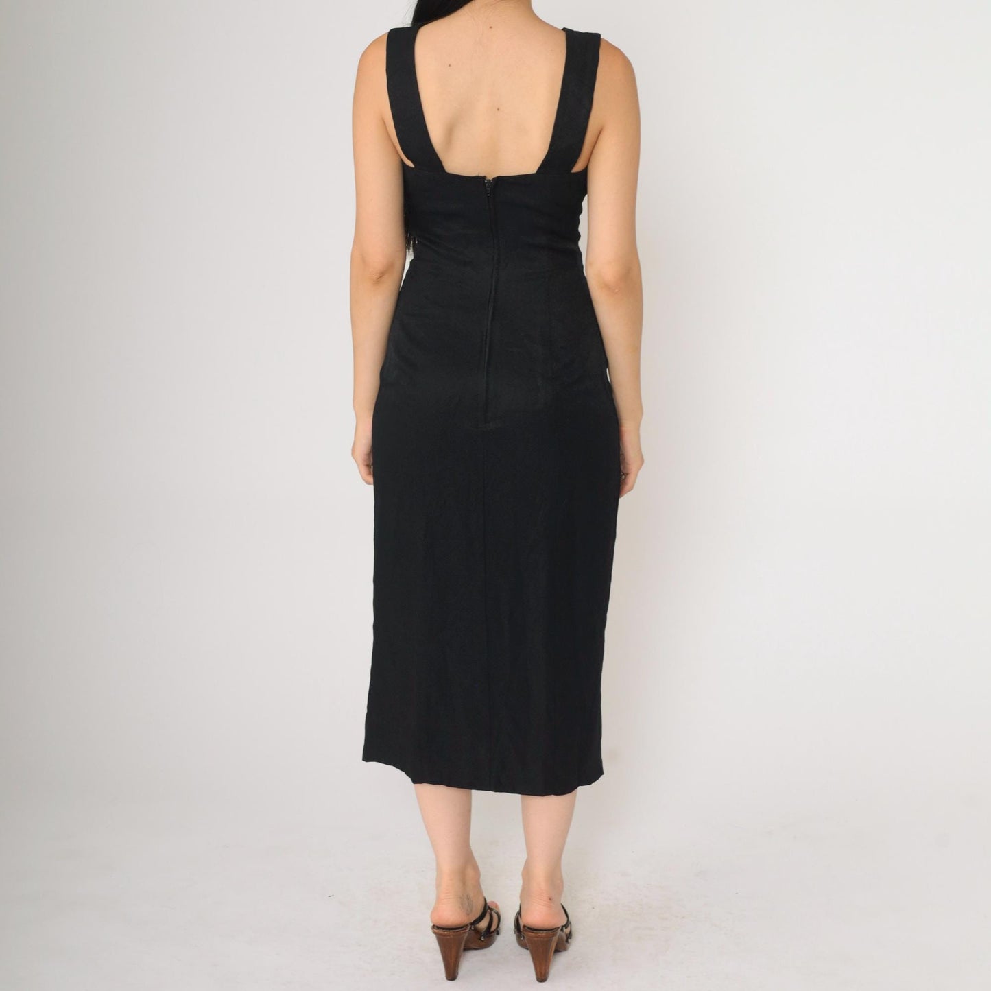 90s Zum Zum Black Beaded Cage Neckline Midi Dress Extra Small XS