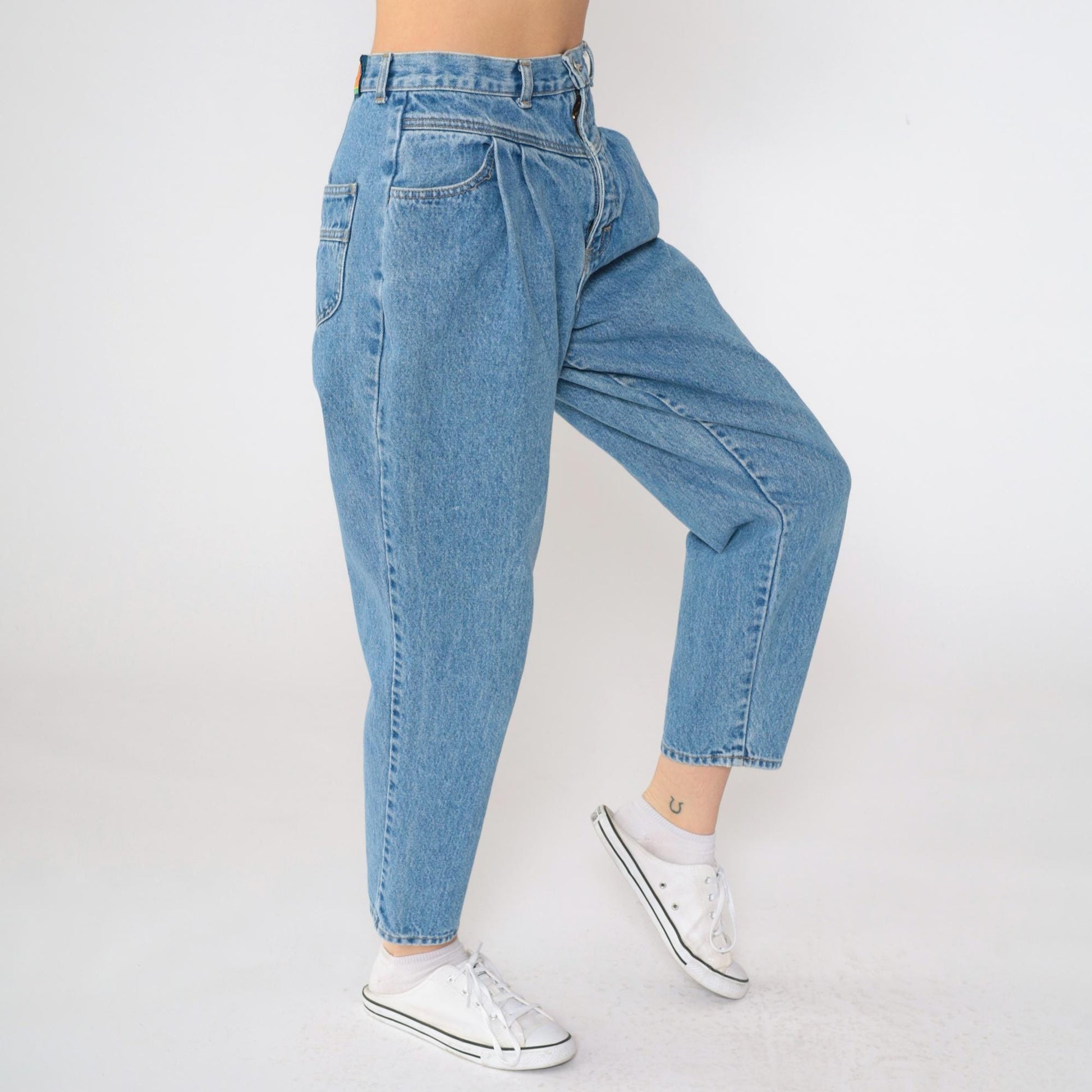 90s Calvin Klein Pleated Mom Jeans High Waisted Tapered Ankle Blue Medium