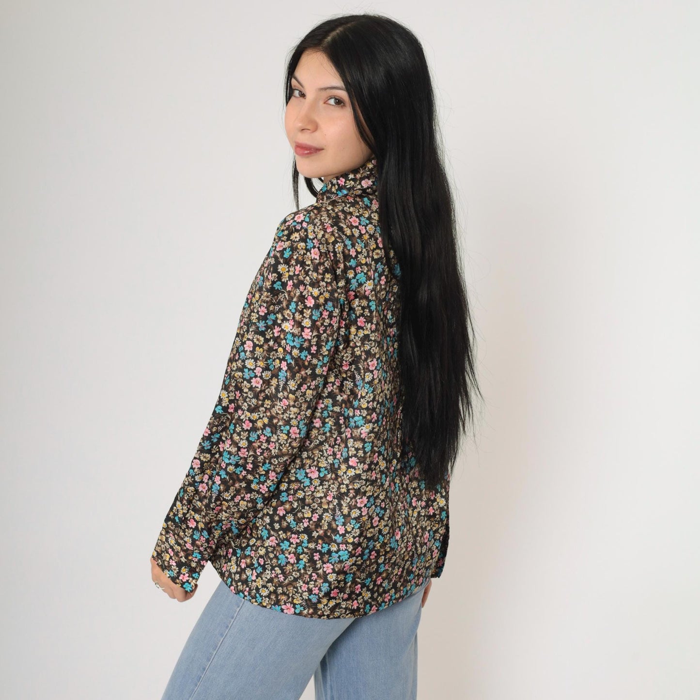 70s Calico Floral Black Button-Up Shirt Long Sleeve Flower Print Medium