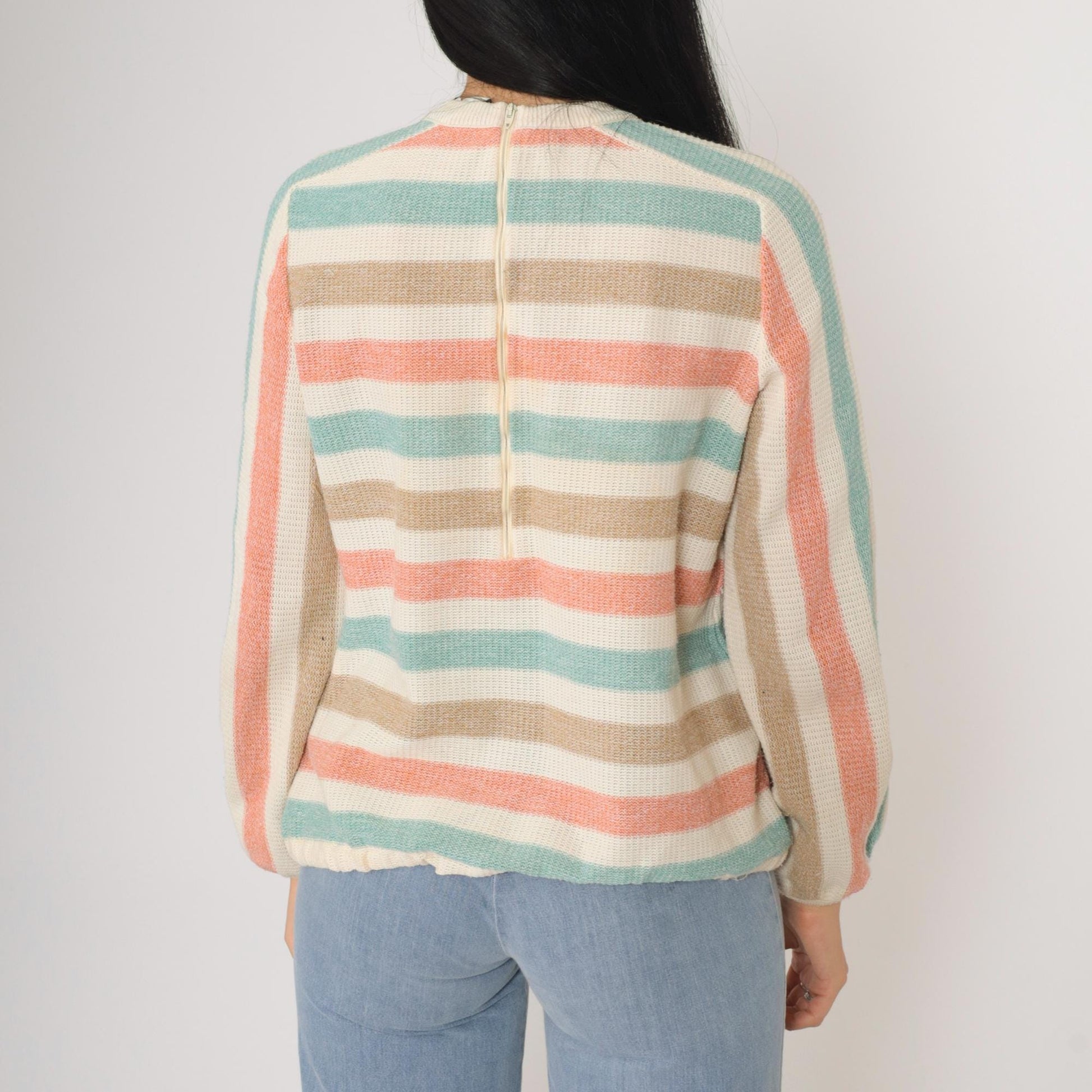 80s Dalton Striped Knit Sweater Raglan Pullover Cream Seafoam Peach Small