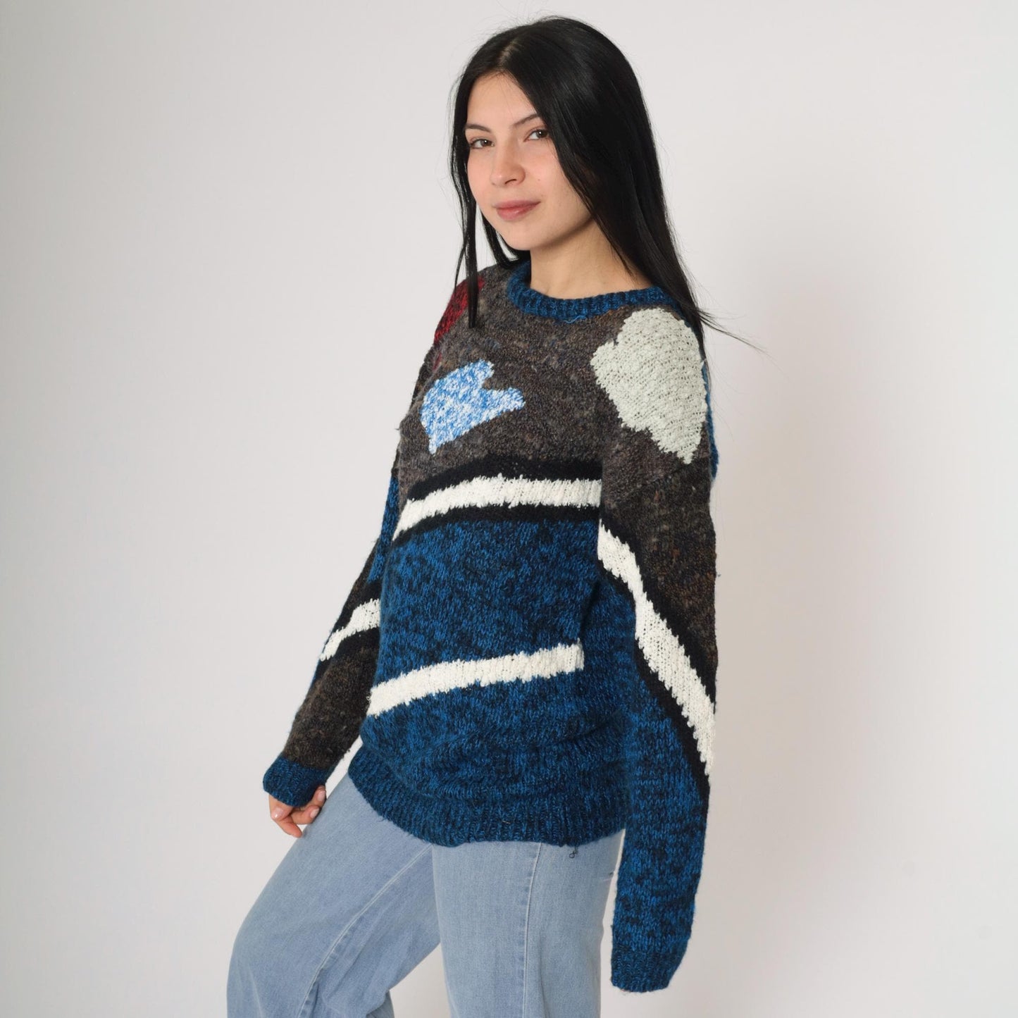 80s Geometric Space Dye Sweater Blue Striped Knit Pullover Small