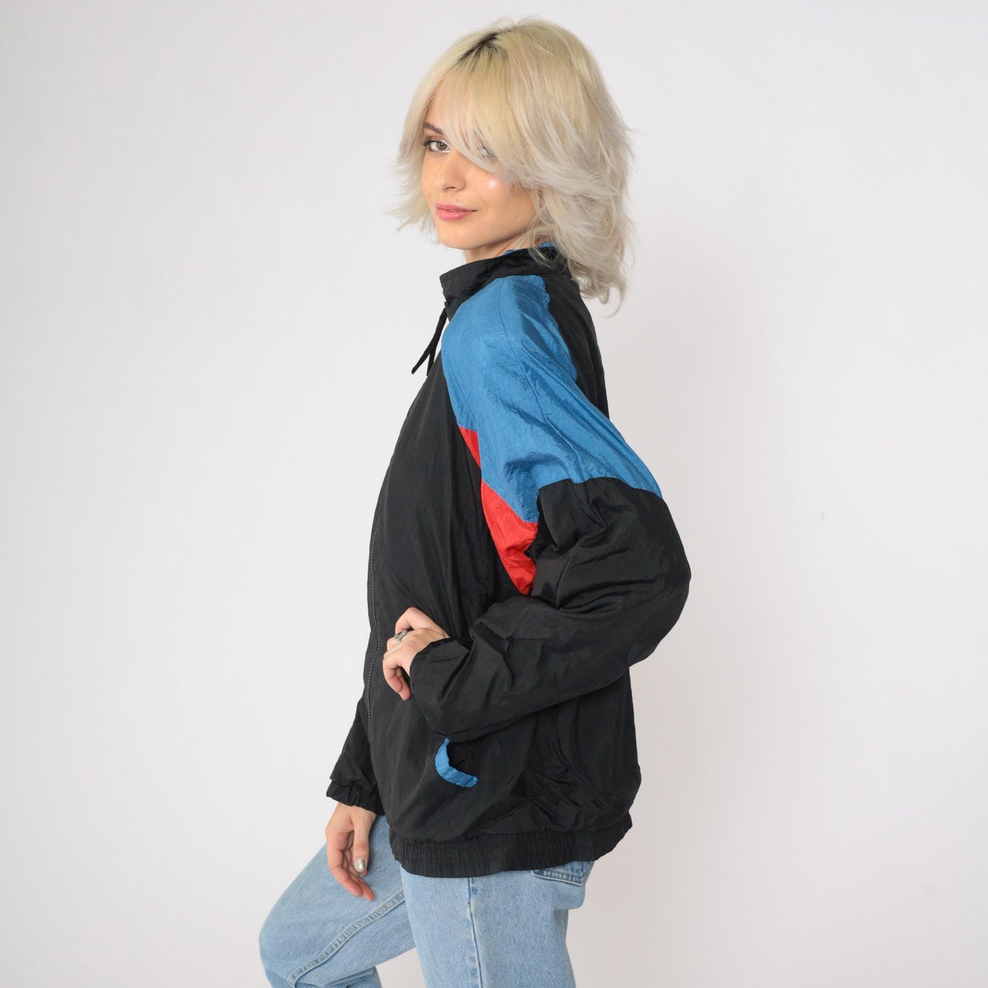 90s Copper Key Windbreaker Black Red Blue Color Block Raglan Large L