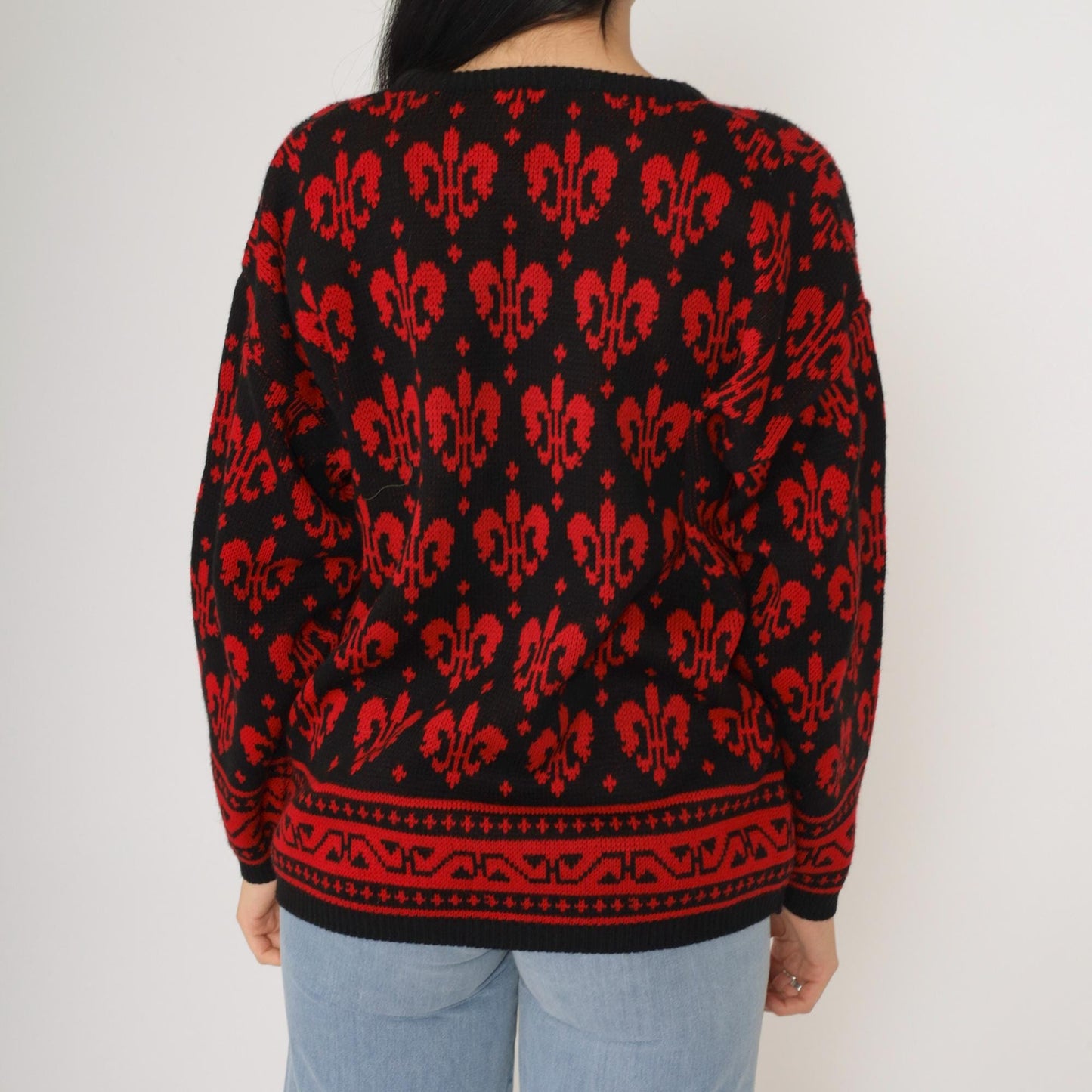 90s Fleur De Lis Geometric Knit Sweater Red Black Pullover Medium