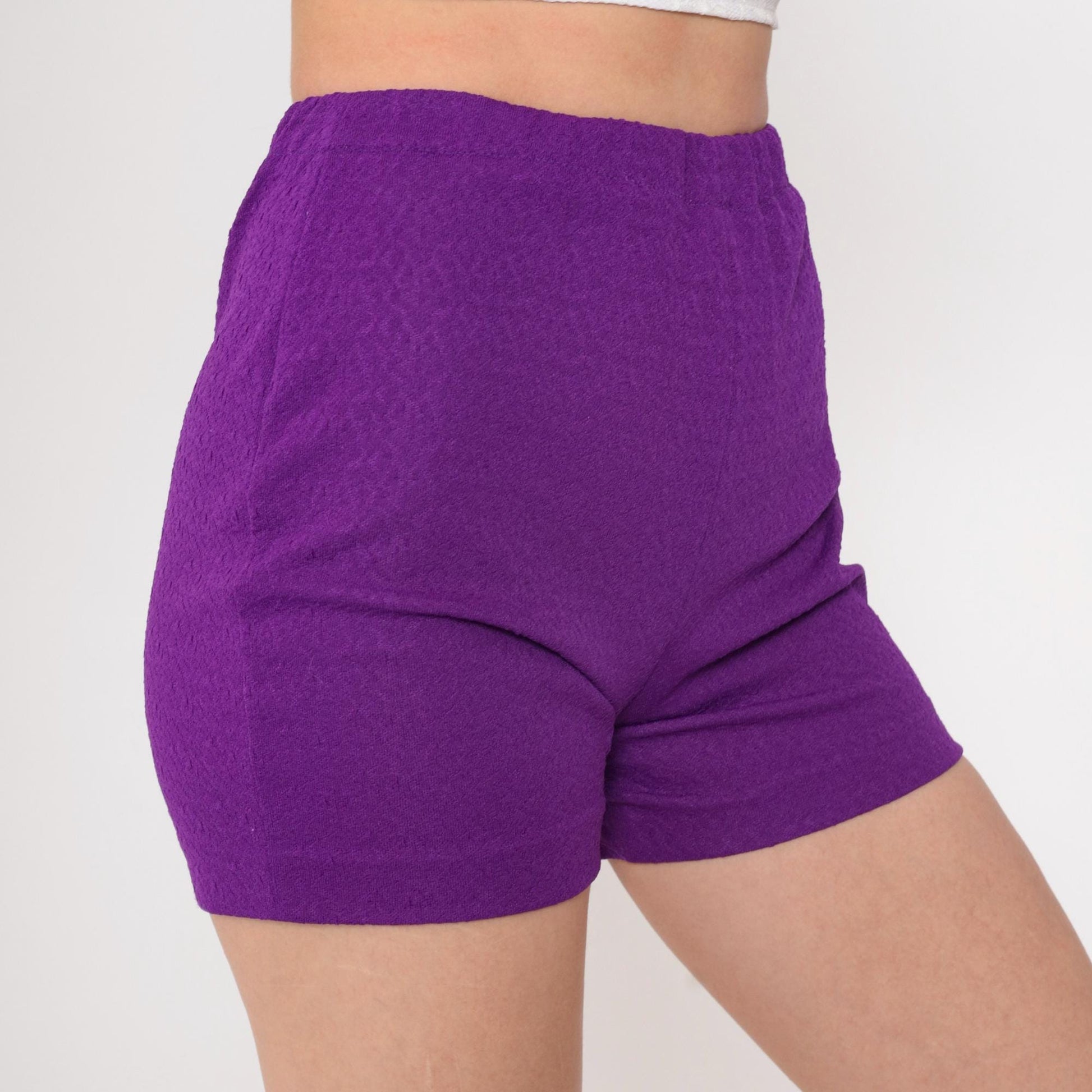 70s Purple Textured Polyester Hotpants High Rise Shorts Extra Small