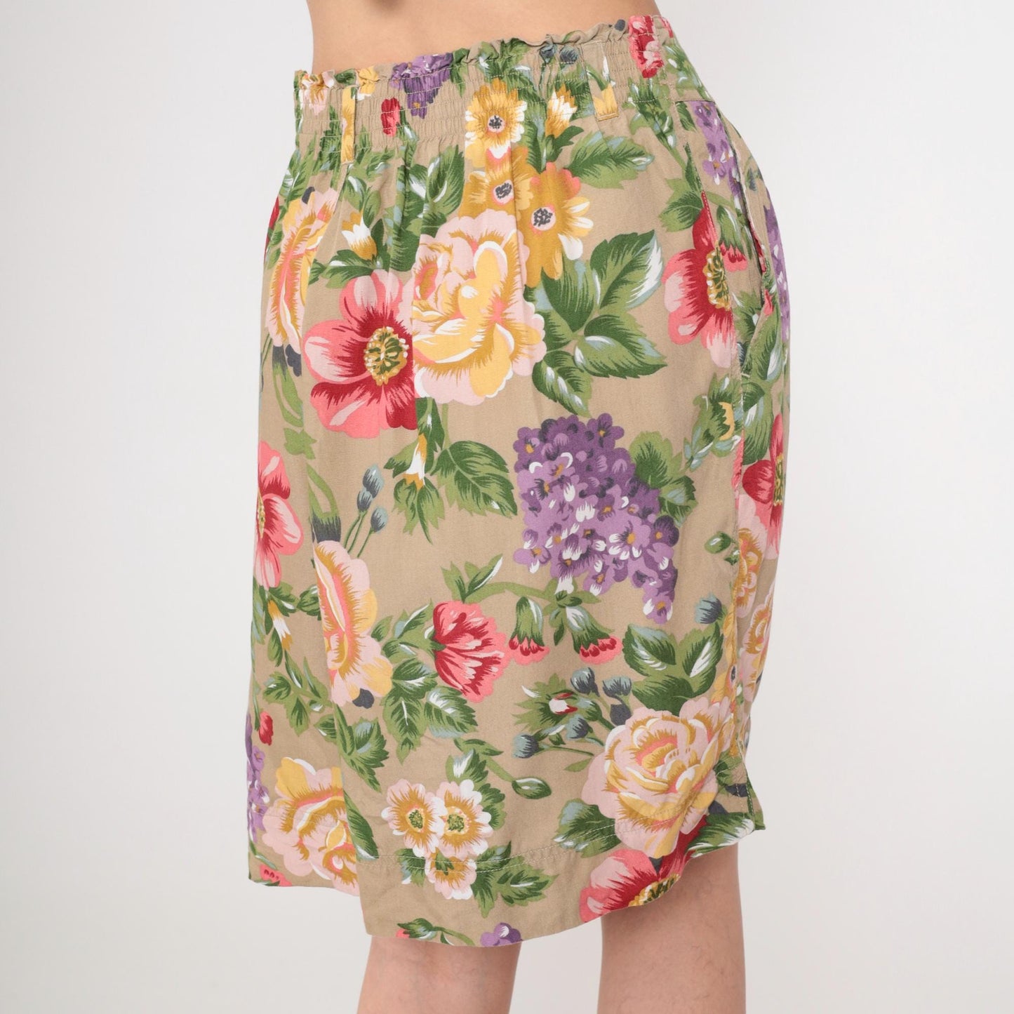 90s Lizwear Floral Pleated Shorts High Waist Rayon Tan Large 14