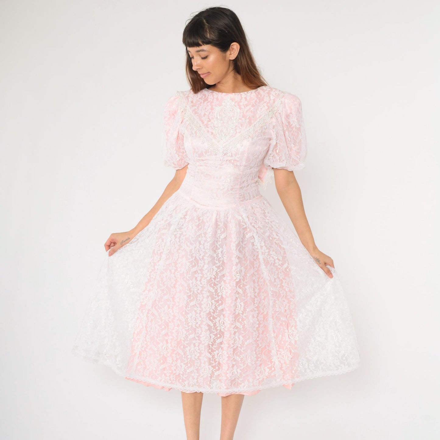 80s Gunne Sax Pink Lace Puff Sleeve Midi Dress White Overlay Small