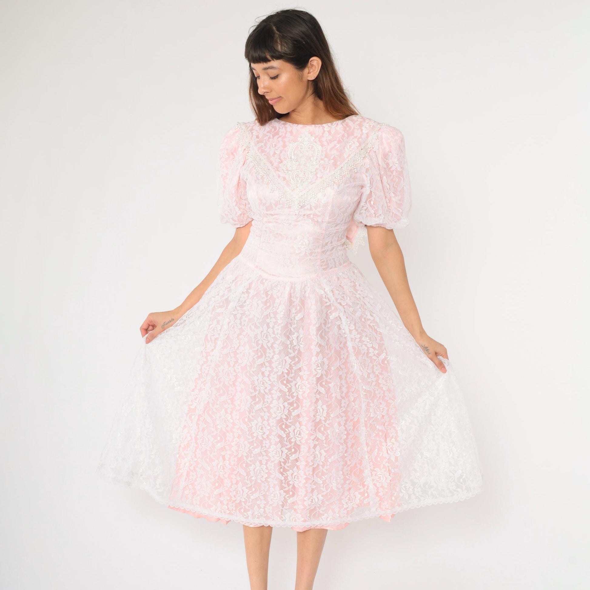 80s Gunne Sax Pink Lace Puff Sleeve Midi Dress White Overlay Small