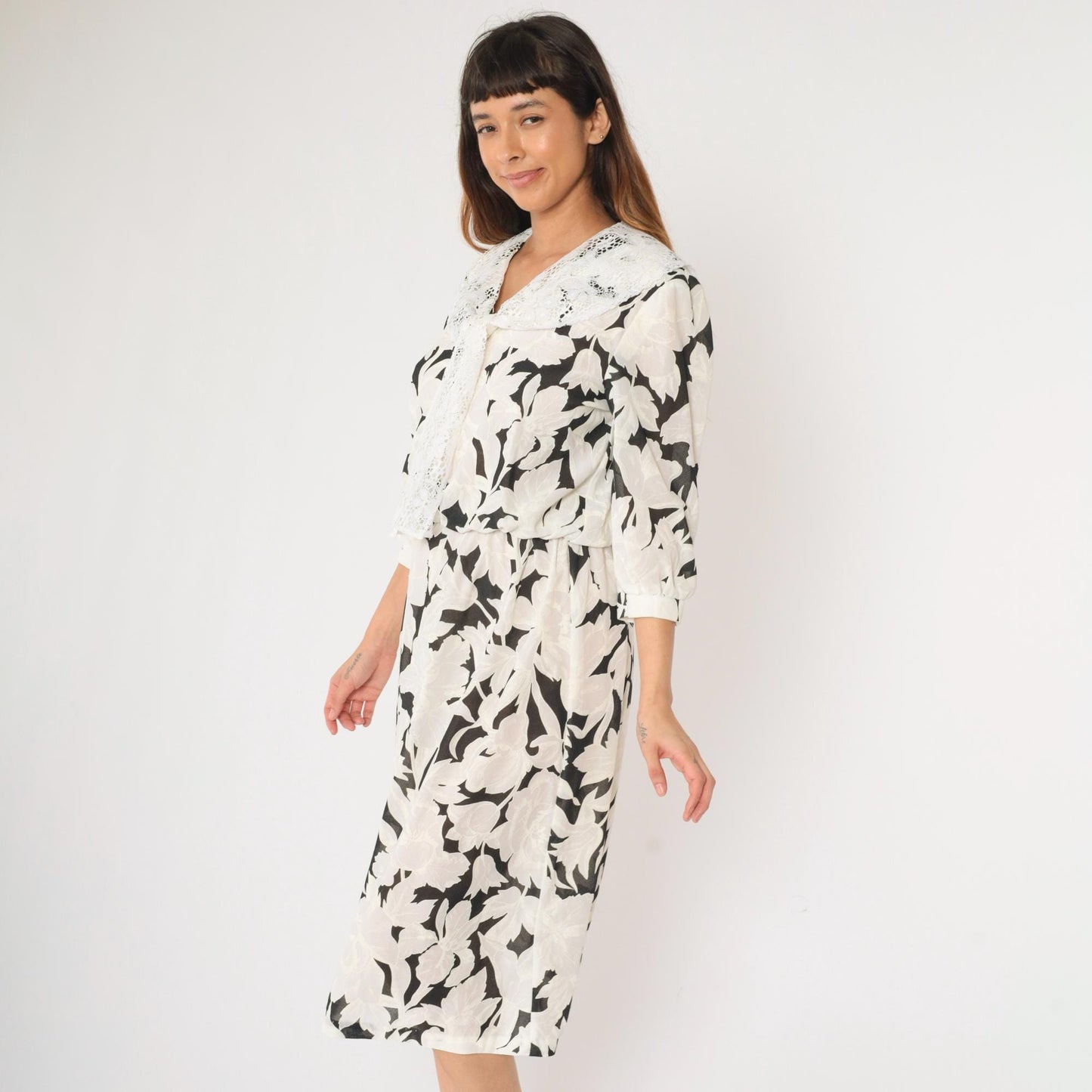 80s Black White Floral Midi Dress Lace Collar Puff Sleeve Small Medium