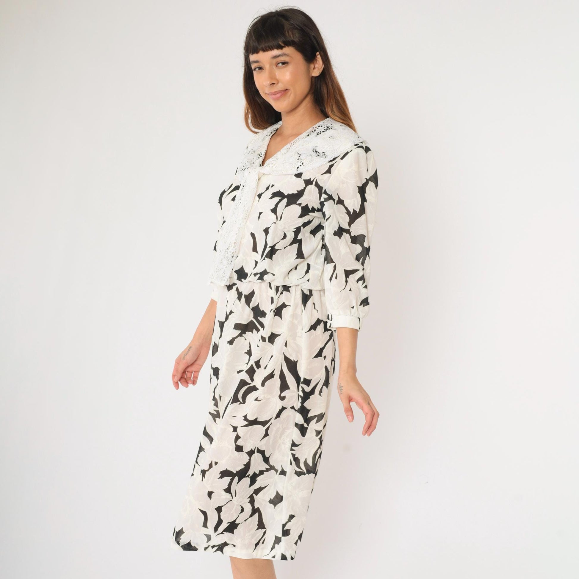 80s Black White Floral Midi Dress Lace Collar Puff Sleeve Small Medium