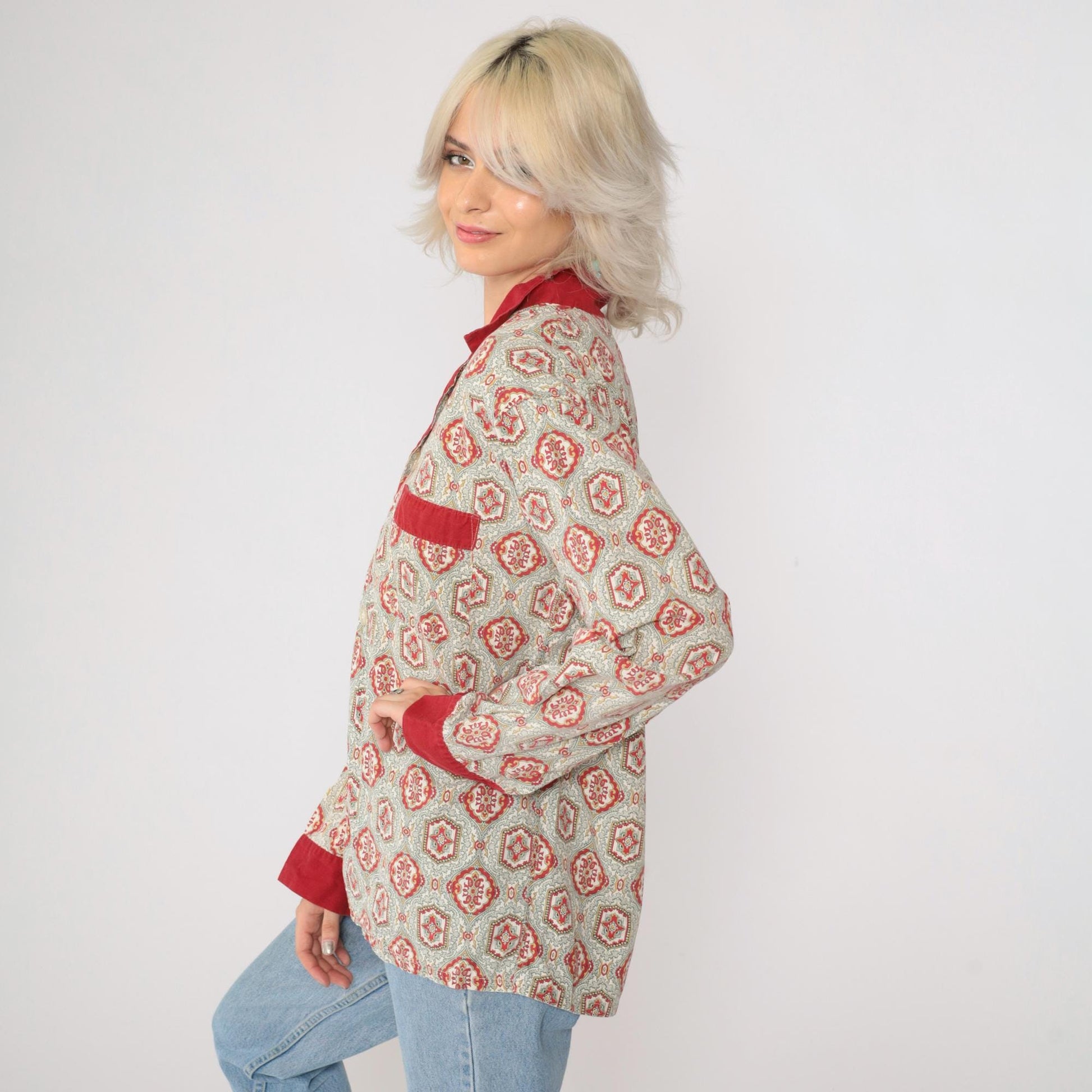 70s Towncraft Pajama Shirt Geometric Button Up Grey Red Medium